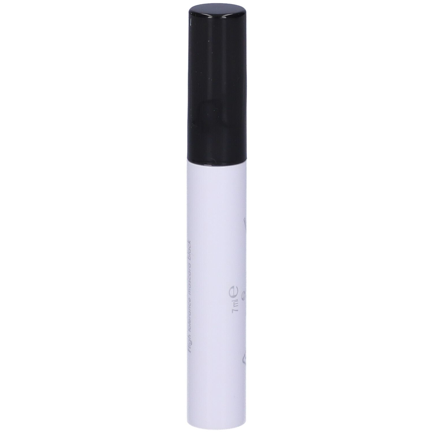Tubo di mascara bianco con tappo nero. Scritta: 7ml.