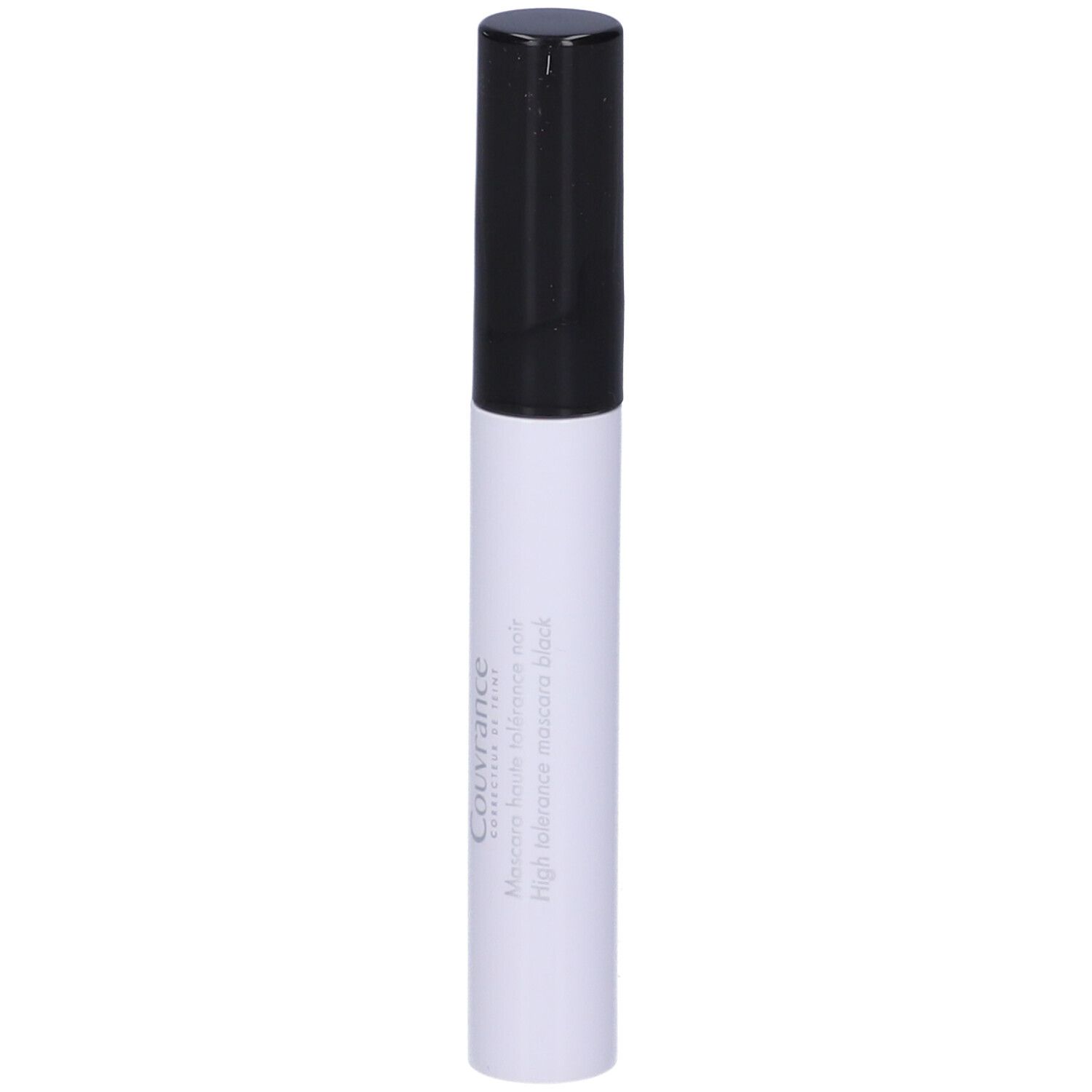 Tubo di mascara bianco con tappo nero. Scritta: Couvrance, High tolerance mascara black.