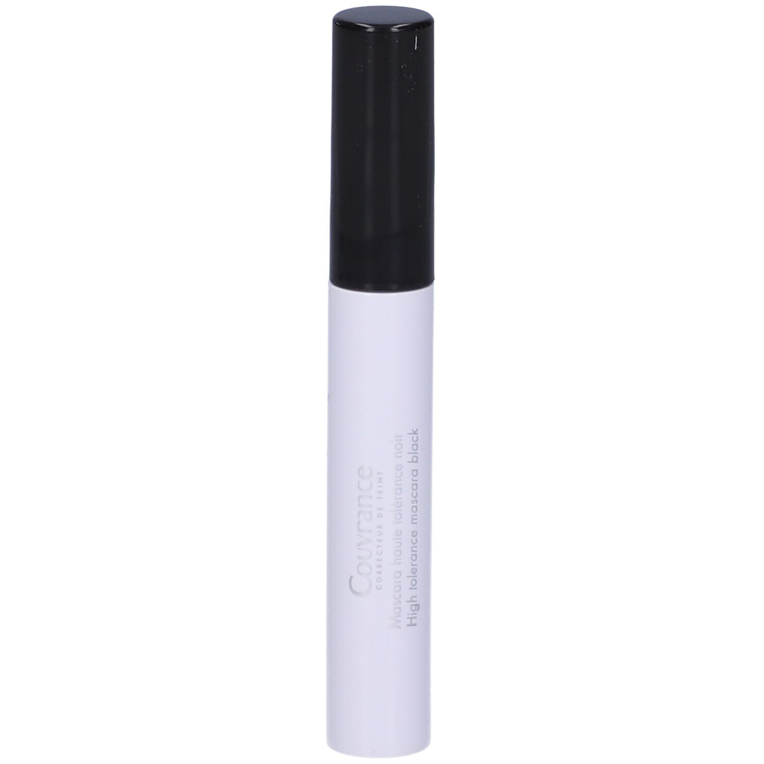 Tubo di mascara bianco con tappo nero. Scritta: Couvrance, High tolerance mascara black.