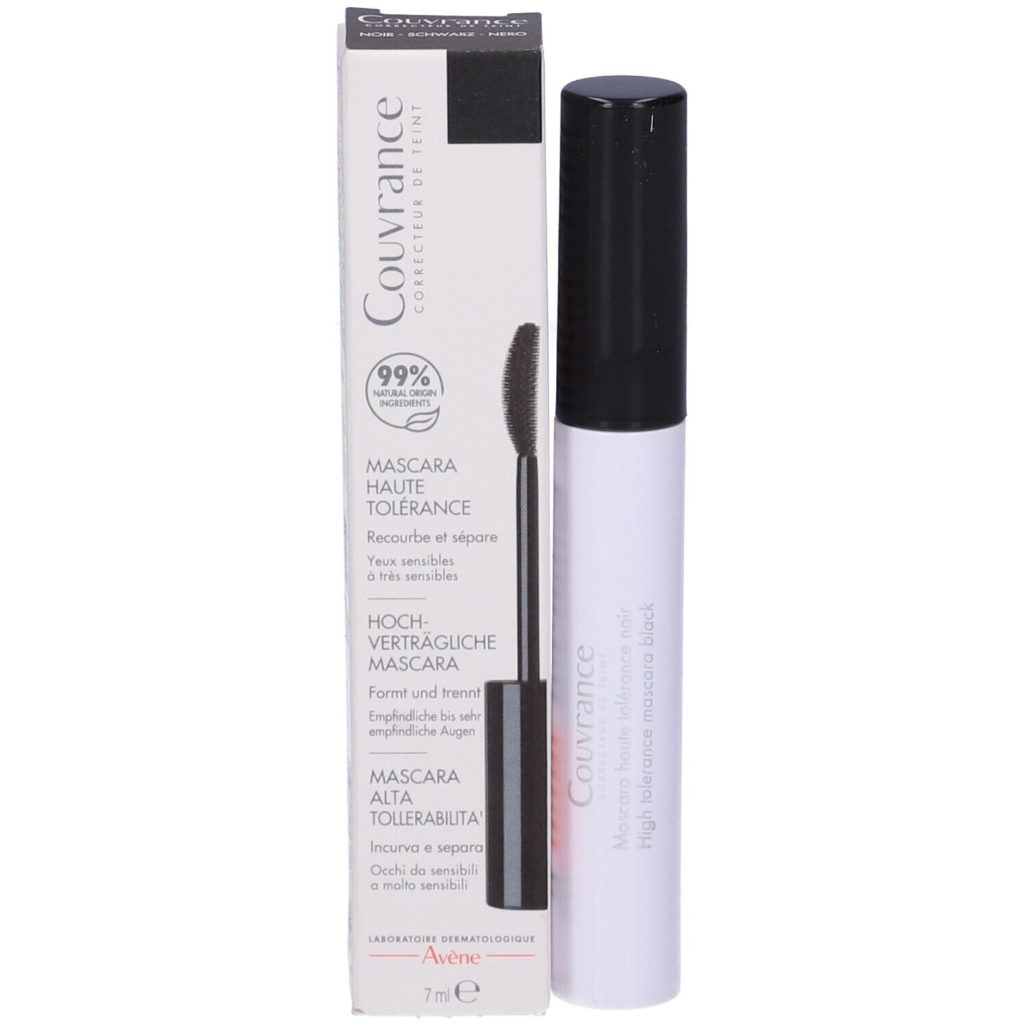 Tubo di mascara e confezione. Scritte: Couvrance, Mascara Haute Tolérance, Avène.
