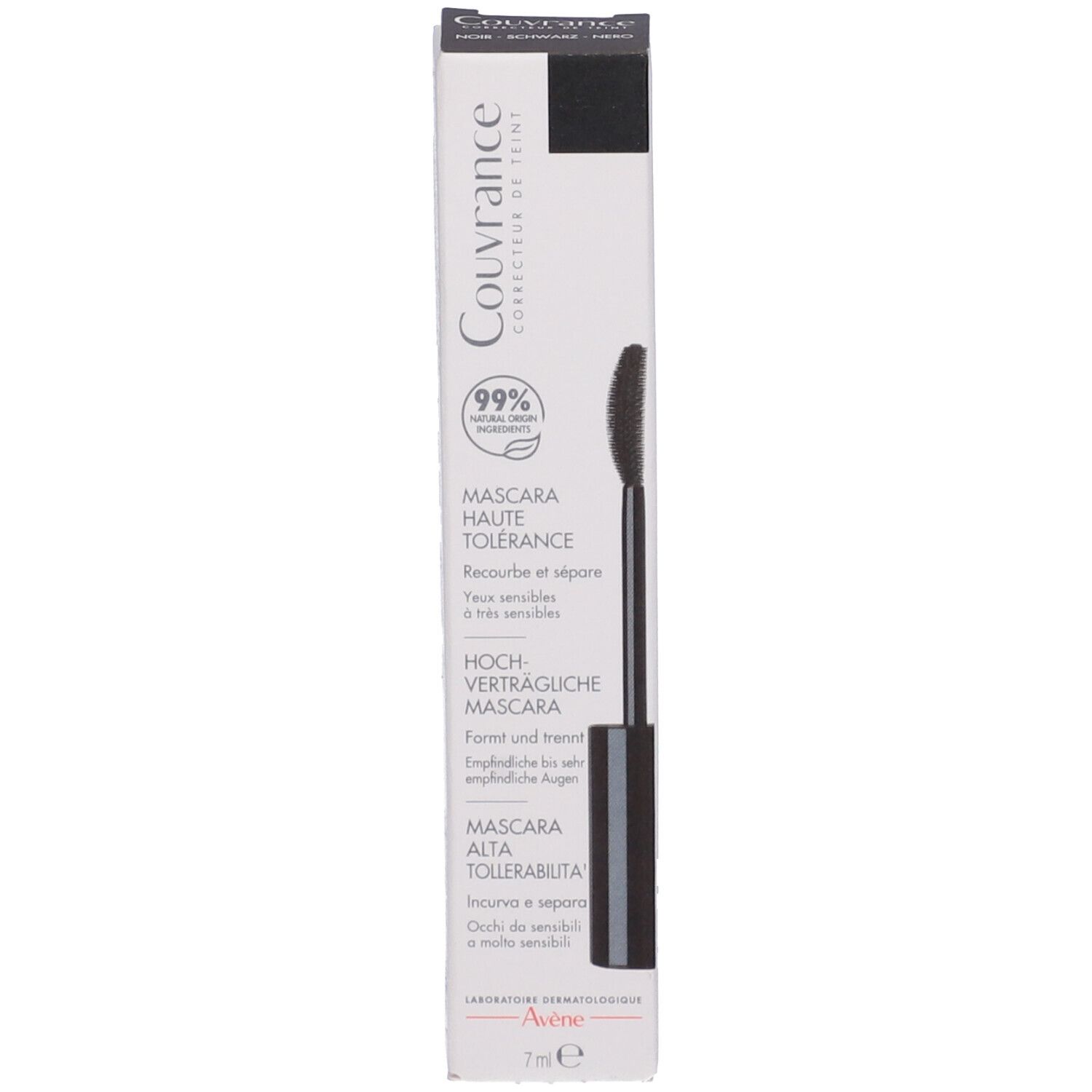 Tubo di mascara e confezione. Scritte: Couvrance, Mascara Haute Tolérance, Avène.