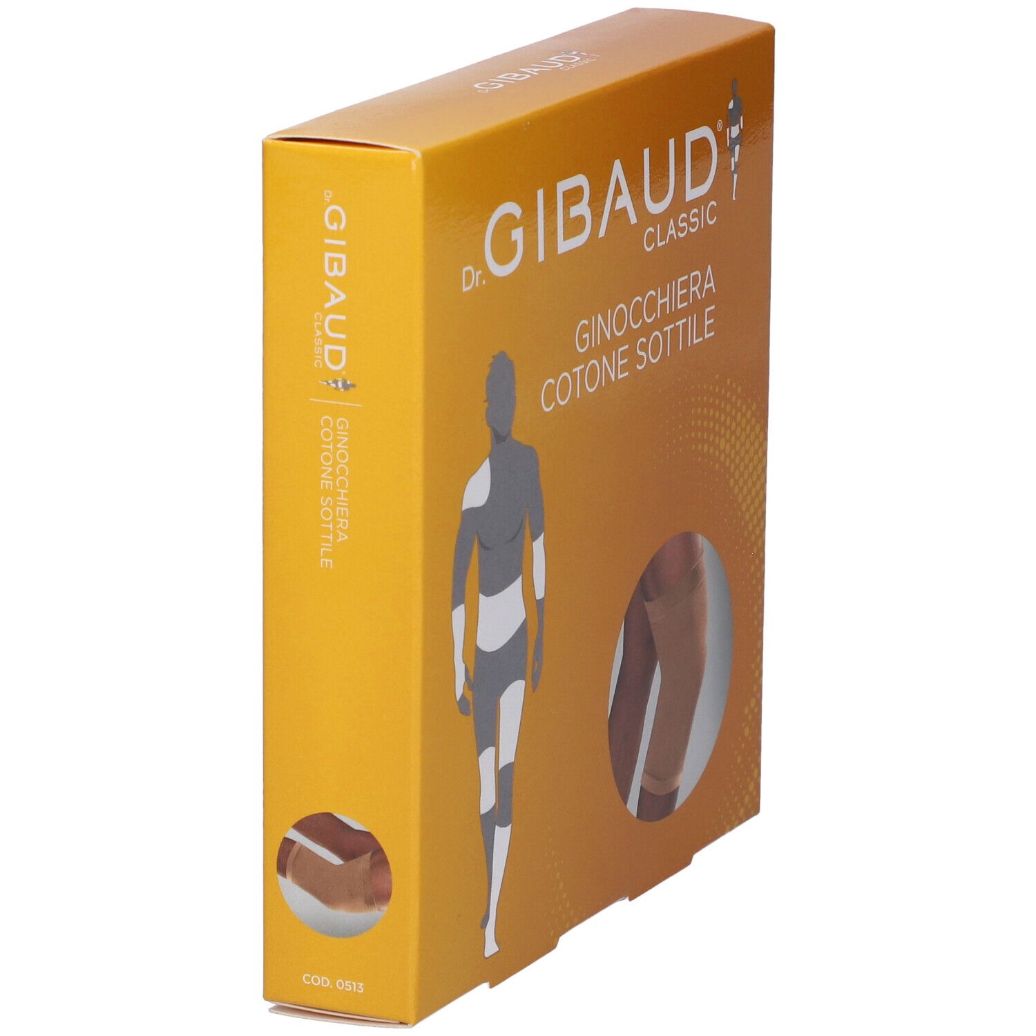 Ginocchiera In Cotone Sottile Gibaud, Größe 3, in Verpackung. Seitenansicht der Box. Produktname und Logo sichtbar.