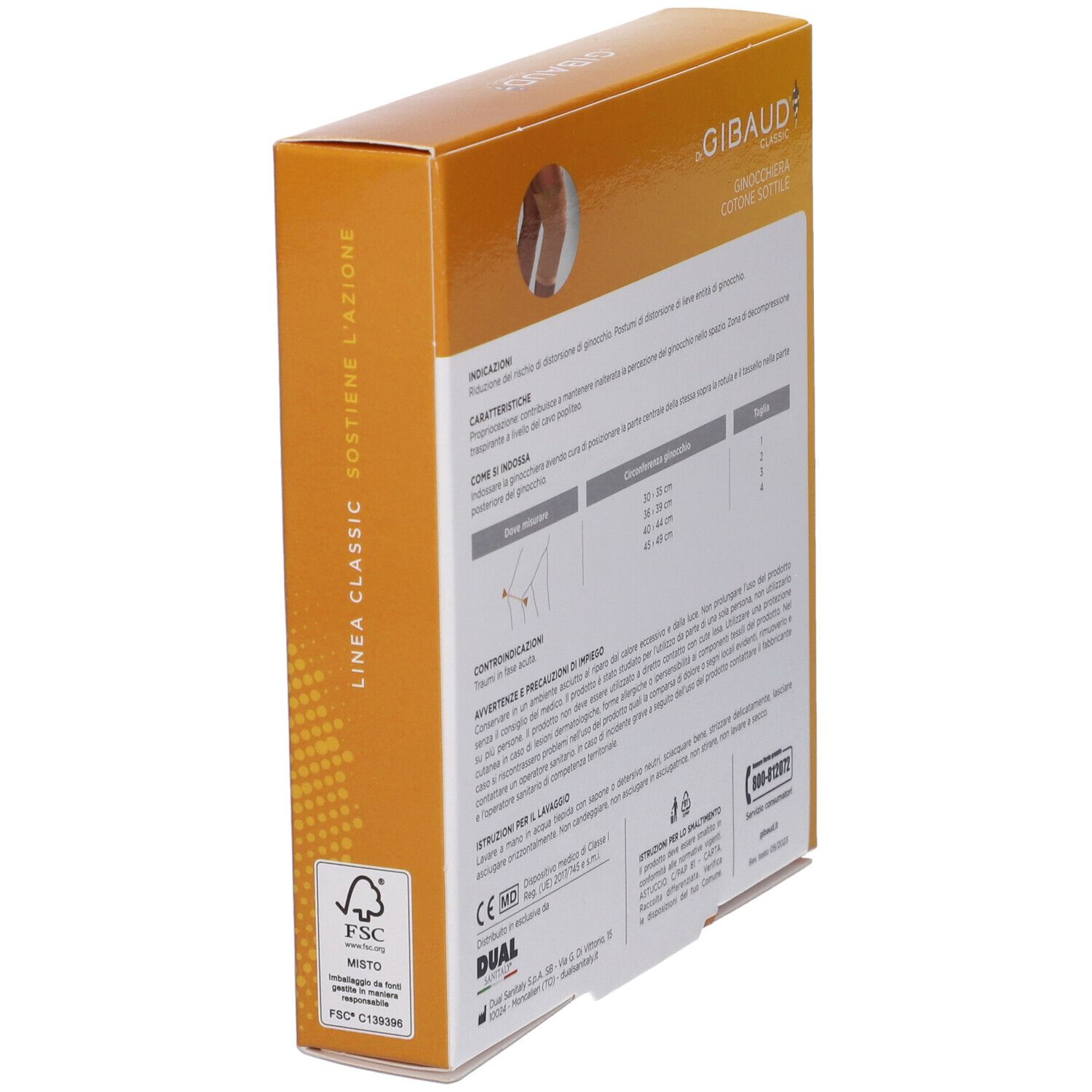 Rückseite der Ginocchiera In Cotone Sottile Gibaud Verpackung. Text, Größentabelle und FSC-Logo.