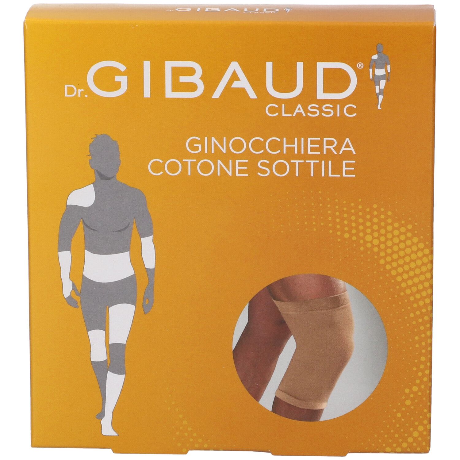 Ginocchiera In Cotone Sottile Gibaud, Größe 3, in Verpackung. Vorderansicht mit Produktabbildung und Logo.
