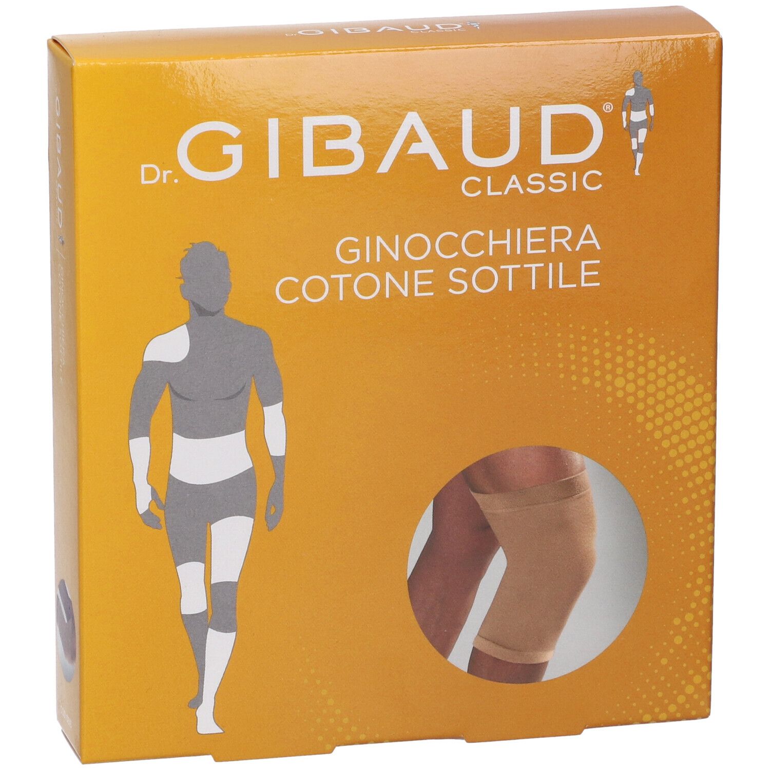 Ginocchiera In Cotone Sottile Gibaud, Größe 3, in Verpackung. Vorderansicht mit Produktabbildung und Logo.