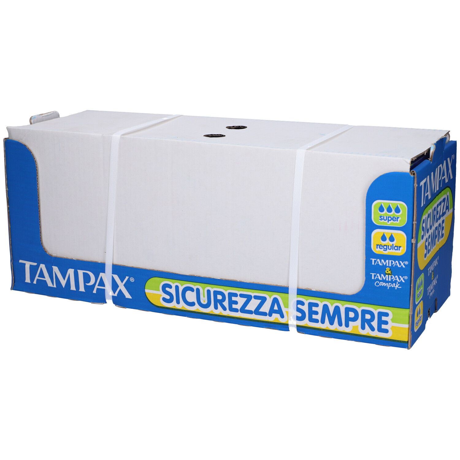 Confezione in cartone con elementi blu e bianchi. Scritta: Tampax, Sicurezza Sempre. Due fasce bianche avvolgono la confezione.