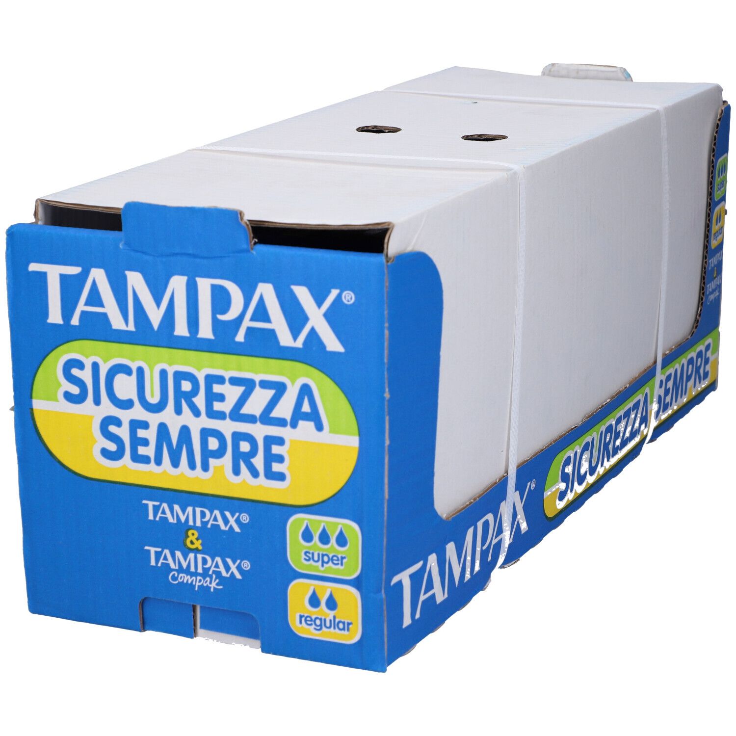 Confezione in cartone con elementi blu e bianchi. Scritta: Tampax, Sicurezza Sempre. Logo con gocce. Tampax & Compak.