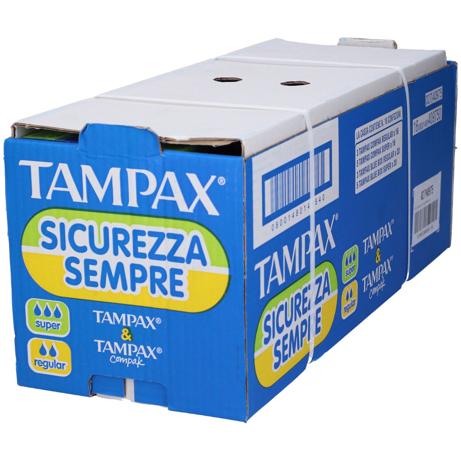 Confezione in cartone con elementi blu e bianchi. Scritta: Tampax, Sicurezza Sempre. Logo con gocce. Tampax & Compak. Codice a barre.
