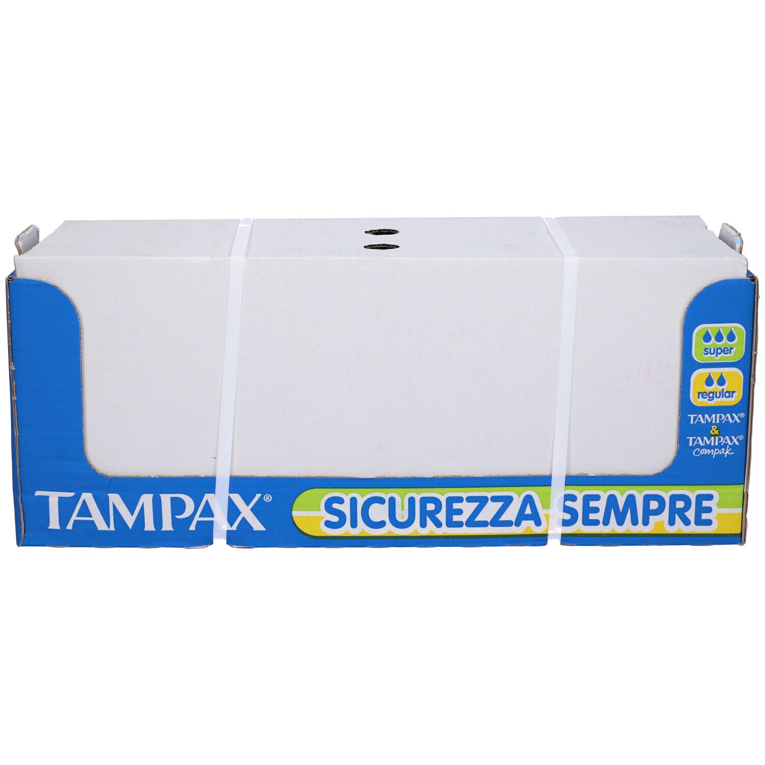 Confezione in cartone con elementi blu e bianchi. Scritta: Tampax, Sicurezza Sempre. Logo con gocce. Tampax & Compak. Fasce bianche.