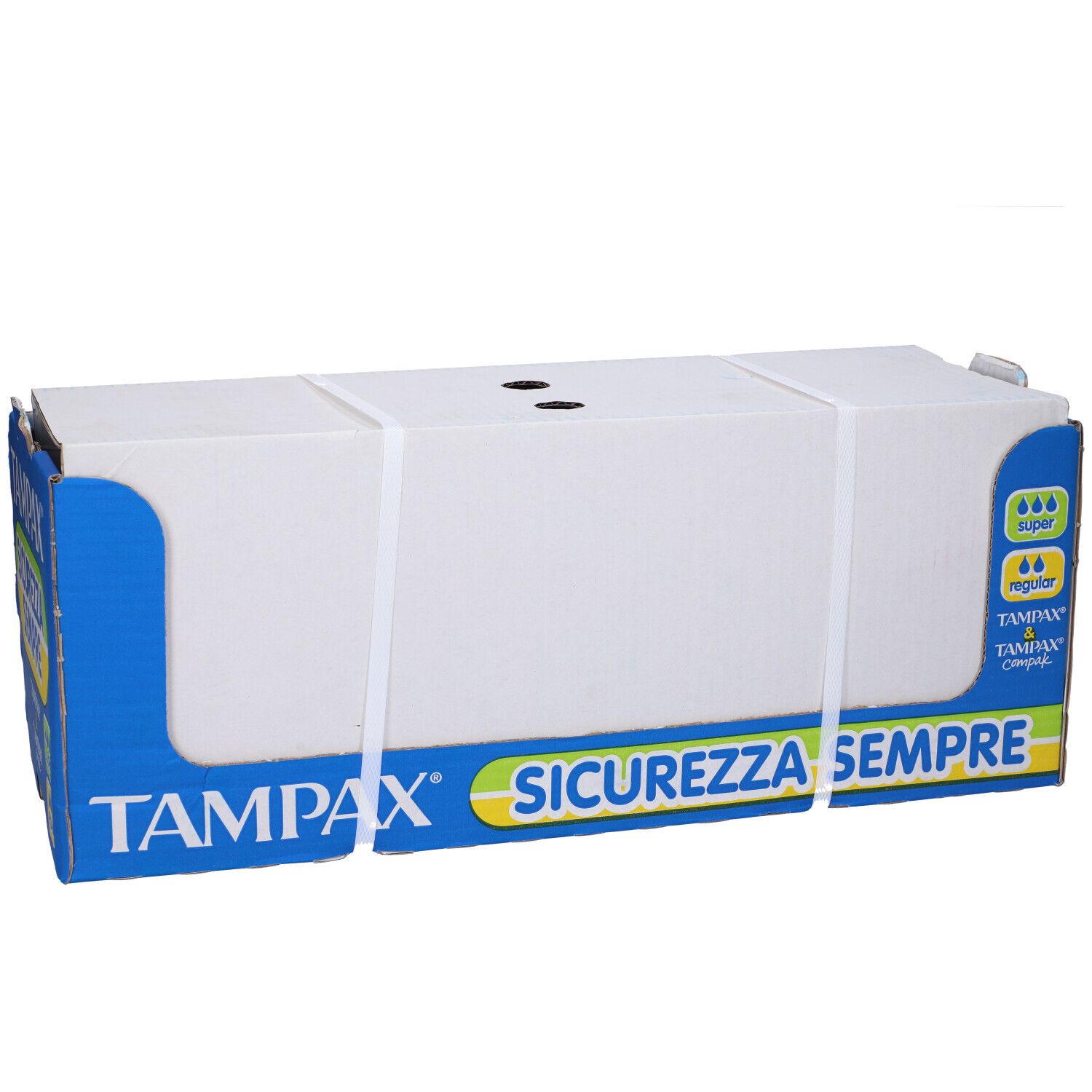 Confezione in cartone con elementi blu e bianchi. Scritta: Tampax, Sicurezza Sempre. Logo con gocce. Tampax & Compak. Fasce bianche.