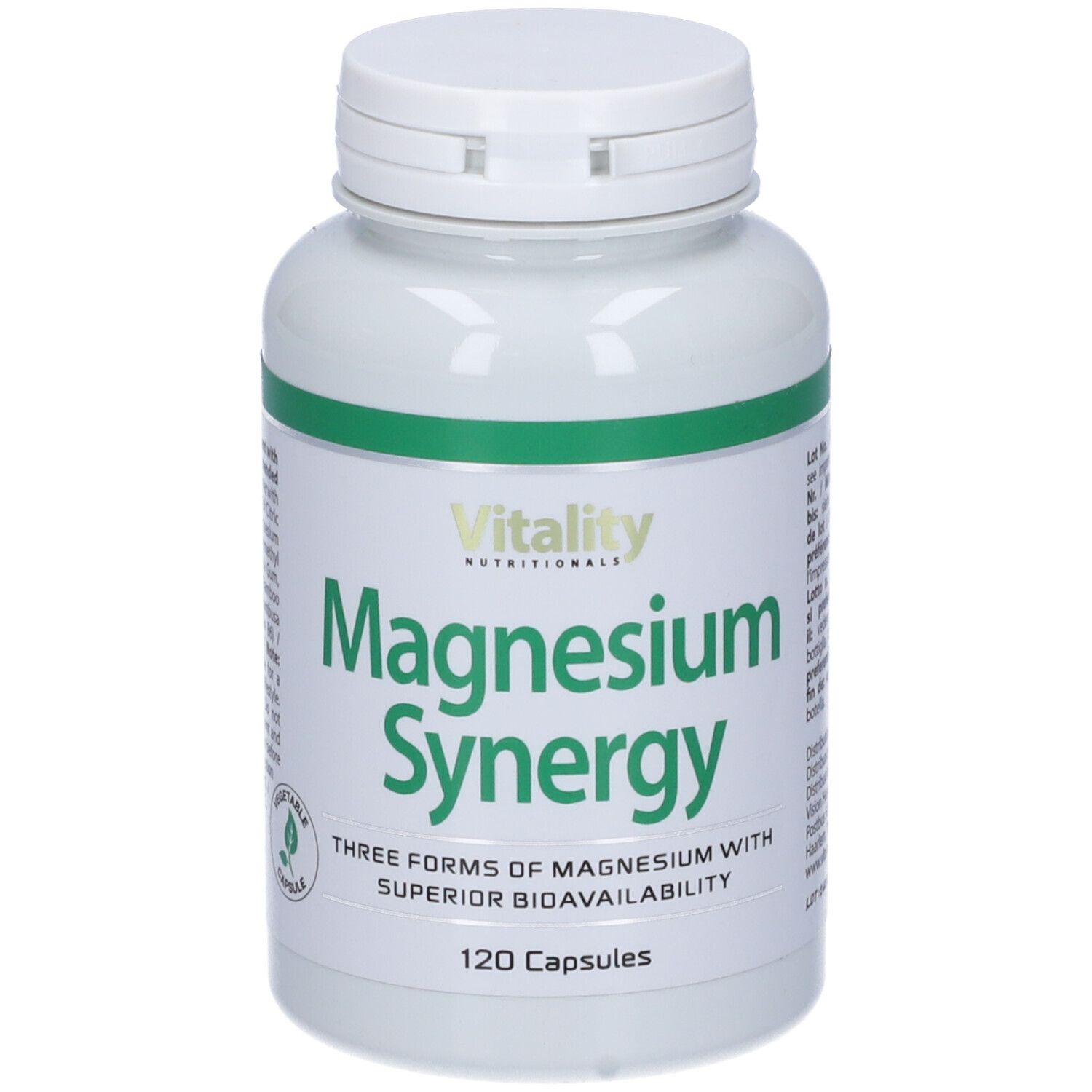 Flacone bianco con fascia verde. Scritta: Magnesium Synergy, 120 capsule. Marchio: Vitality Nutritionals.