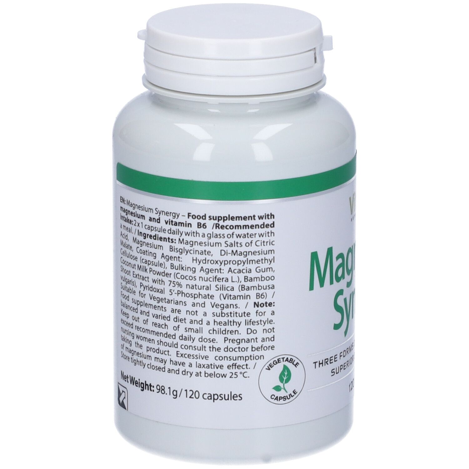 Flacone bianco con fascia verde. Scritta: Magnesium Synergy, 120 capsule. Marchio: Vitality Nutritionals. Testo sul retro.