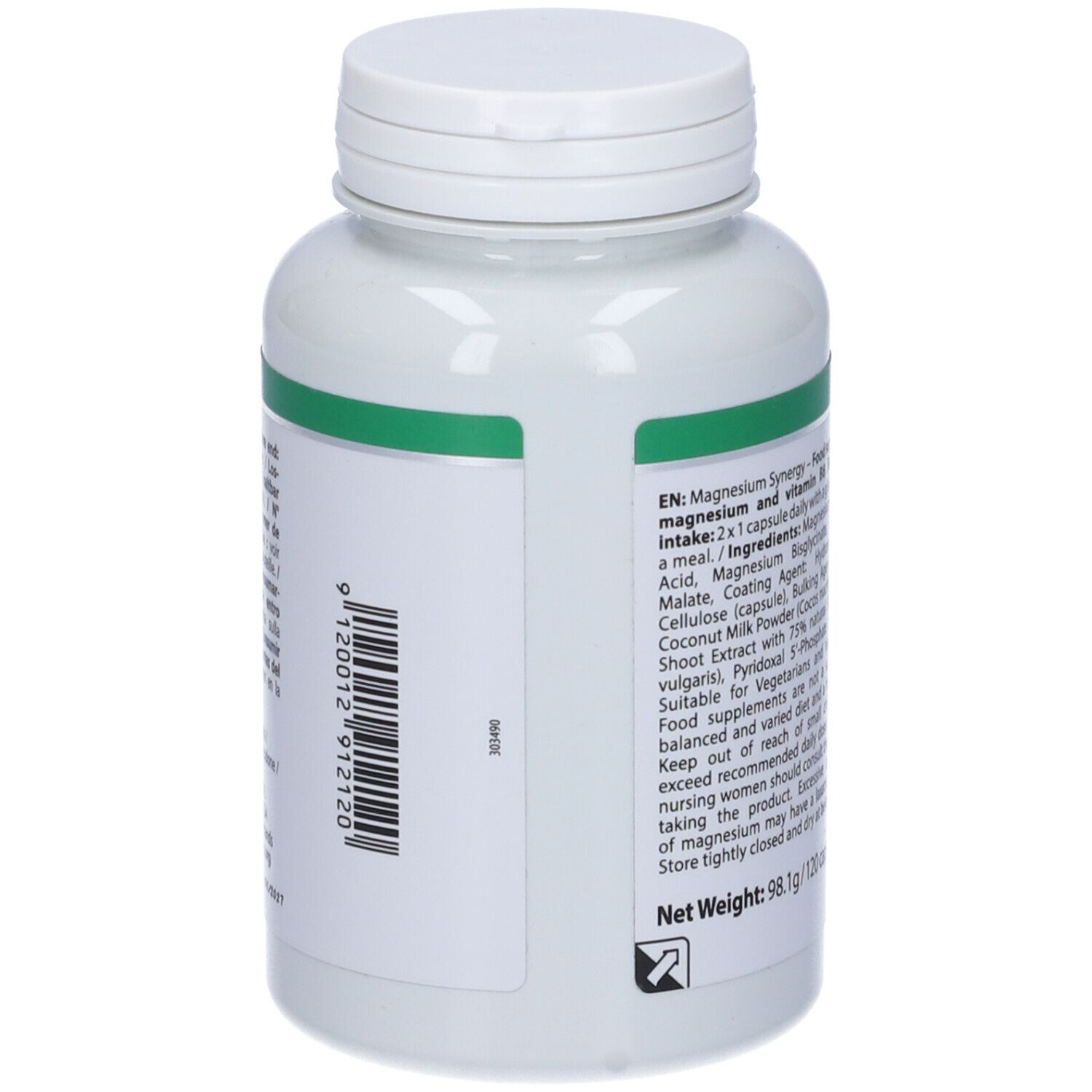 Retro di un flacone bianco. Testo e codice a barre. Scritta: Magnesium Synergy, 120 capsule. Marchio: Vitality Nutritionals.