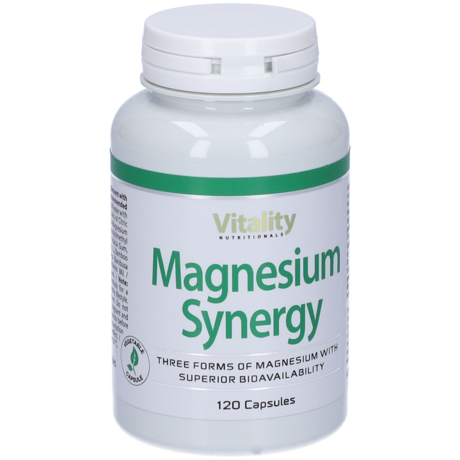 Flacone bianco con fascia verde. Scritta: Magnesium Synergy, 120 capsule. Marchio: Vitality Nutritionals.