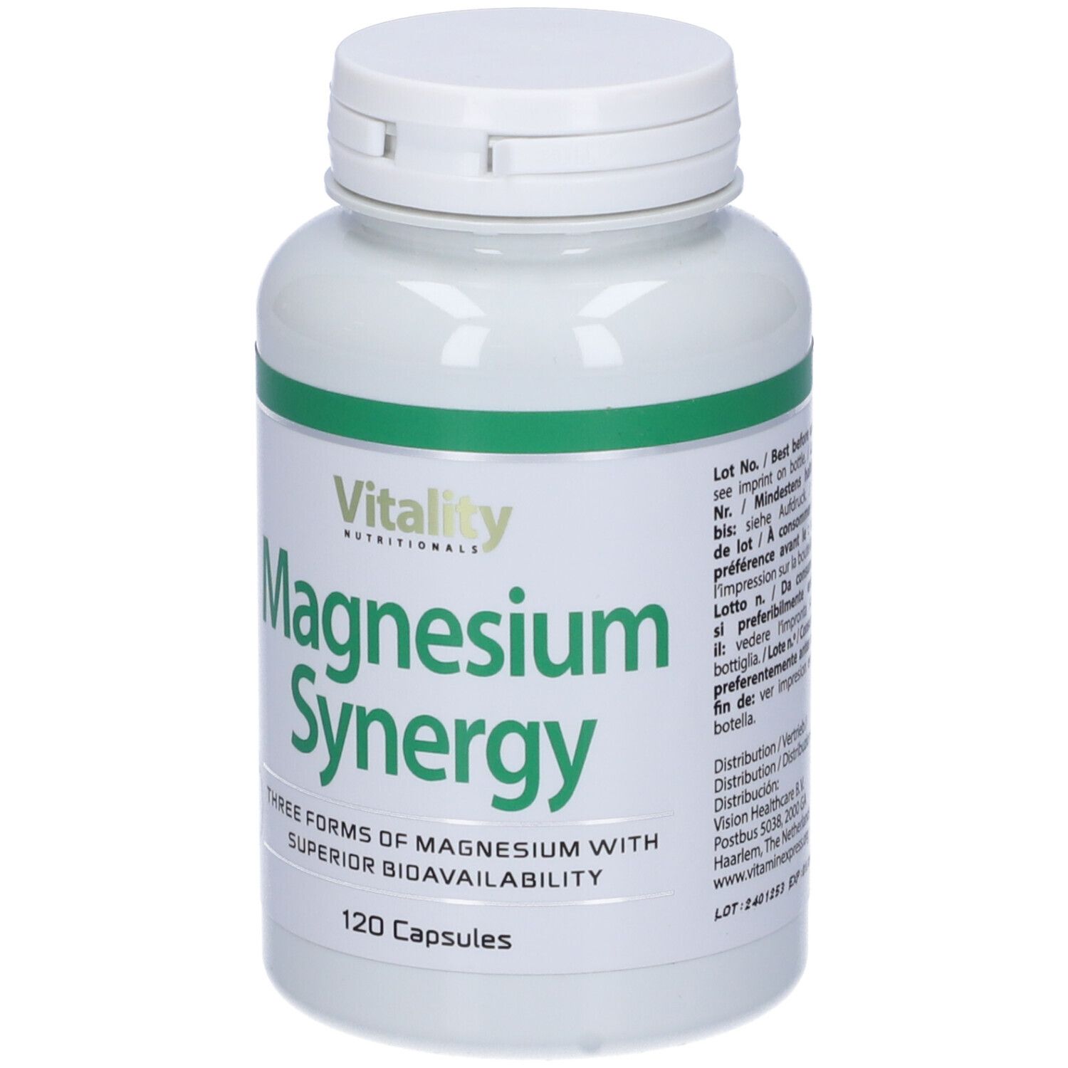 Flacone bianco con fascia verde. Scritta: Magnesium Synergy, 120 capsule. Marchio: Vitality Nutritionals.
