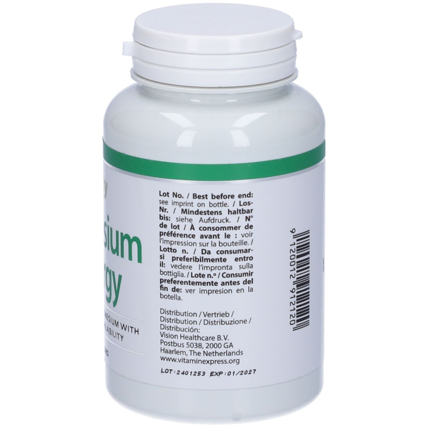 Retro di un flacone bianco. Testo e codice a barre. Scritta: Magnesium Synergy, 120 capsule. Marchio: Vitality Nutritionals.