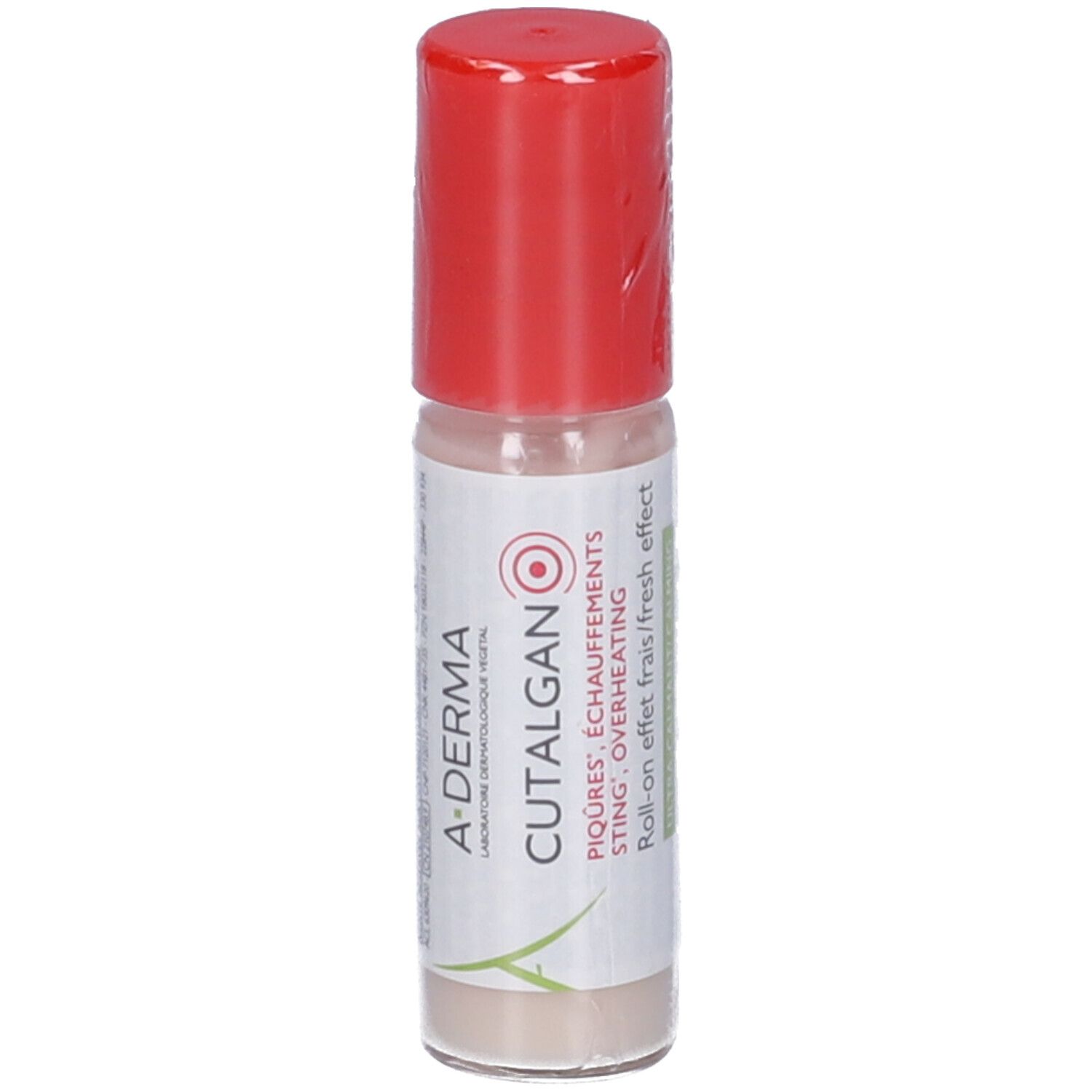 Roll-on con tappo rosso. Scritta: A-DERMA, CUTALGAN, PIQÛRES, ÉCHAUFFEMENTS, STING, OVERHEATING. Roll-on effet frais/fresh effect.