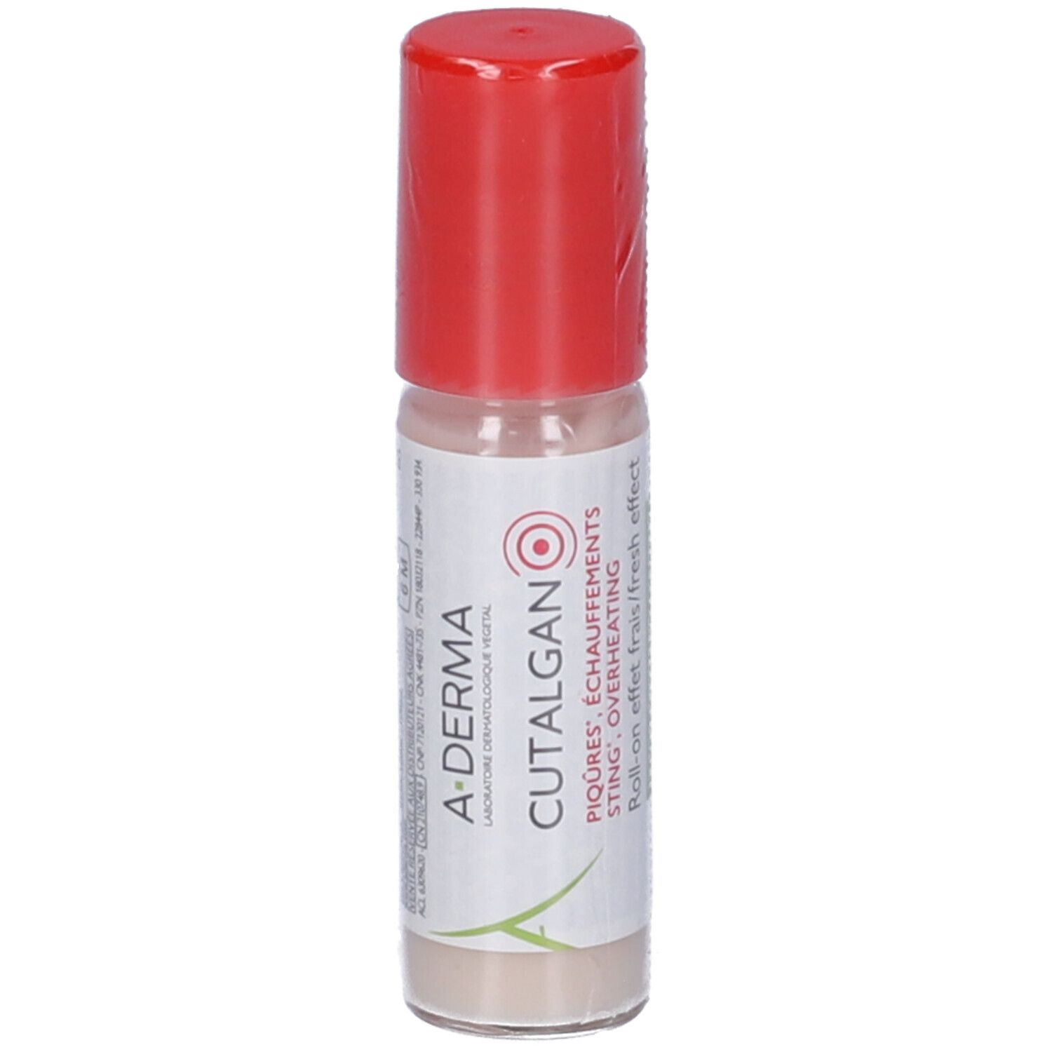 Roll-on con tappo rosso. Scritta: A-DERMA, CUTALGAN, PIQÛRES, ÉCHAUFFEMENTS, STING, OVERHEATING. Roll-on effet frais/fresh effect.