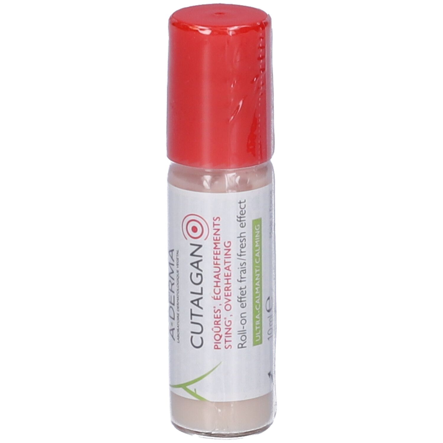 Roll-on con tappo rosso. Scritta: A-DERMA, CUTALGAN, PIQÛRES, ÉCHAUFFEMENTS, STING, OVERHEATING. Ultra-calmante/calmante. 55 ml.