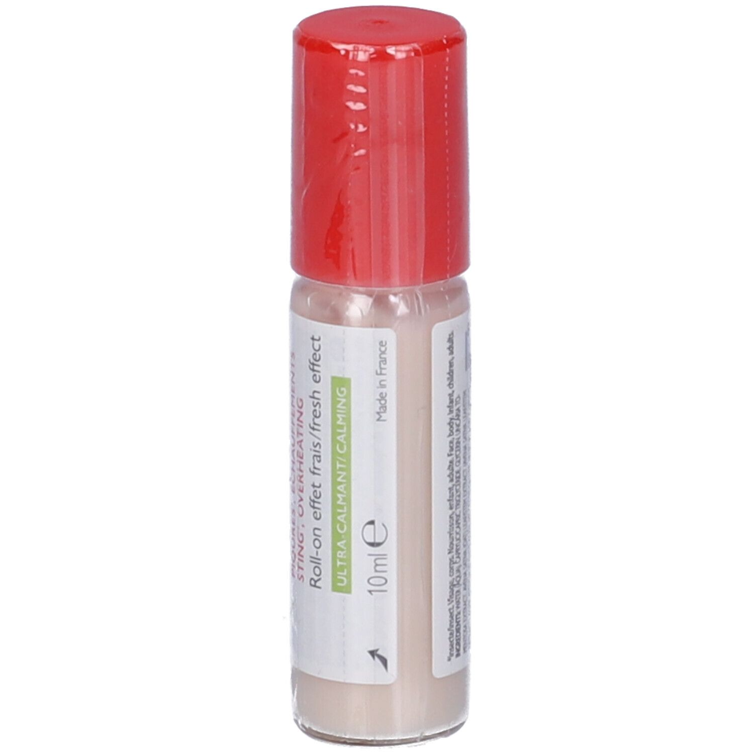Roll-on con tappo rosso. Scritta: A-DERMA, CUTALGAN, PIQÛRES, ÉCHAUFFEMENTS, STING, OVERHEATING. Ultra-calmante/calmante. 10 ml.