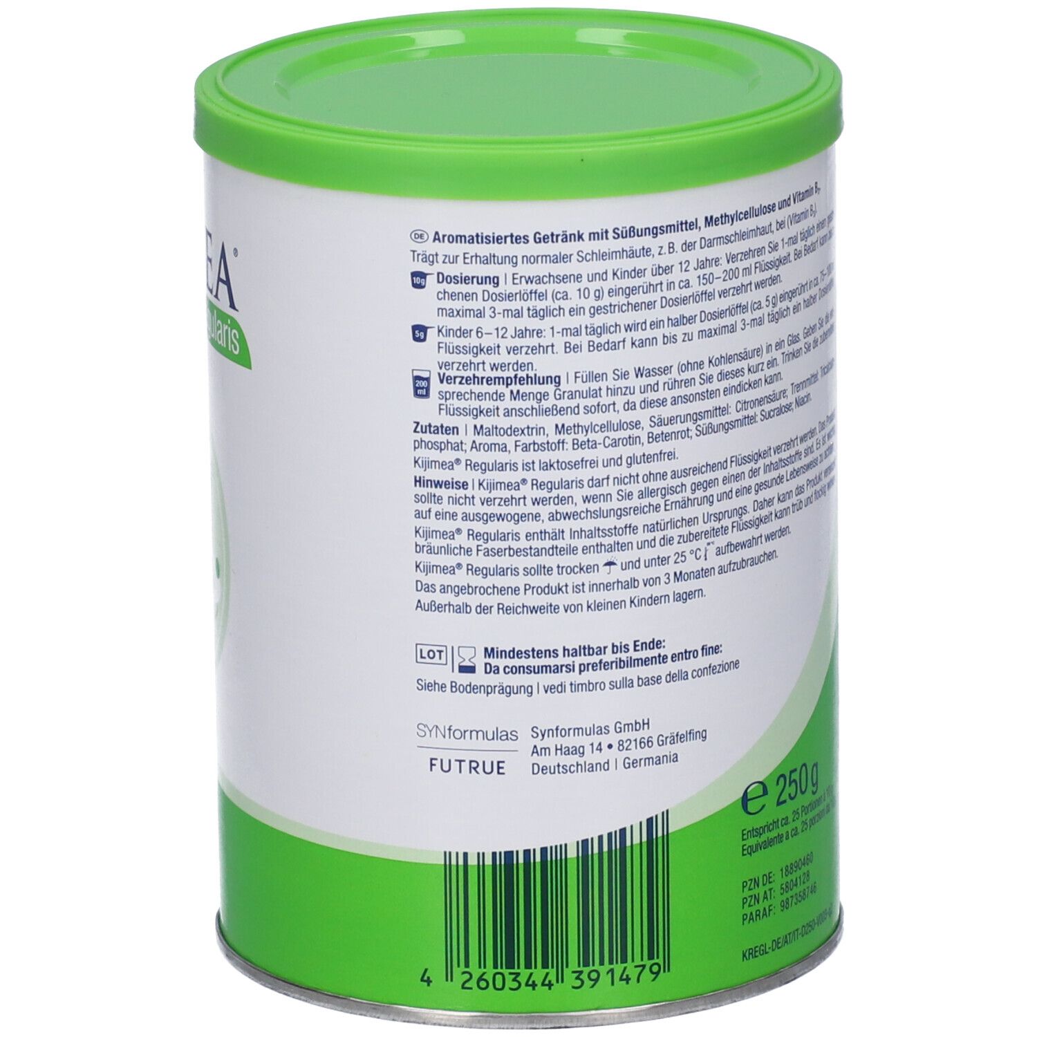 Kijimea Regularis bevanda in polvere in lattina. Vista posteriore con codice a barre, indicazione di quantità (250g) e informazioni sul produttore.