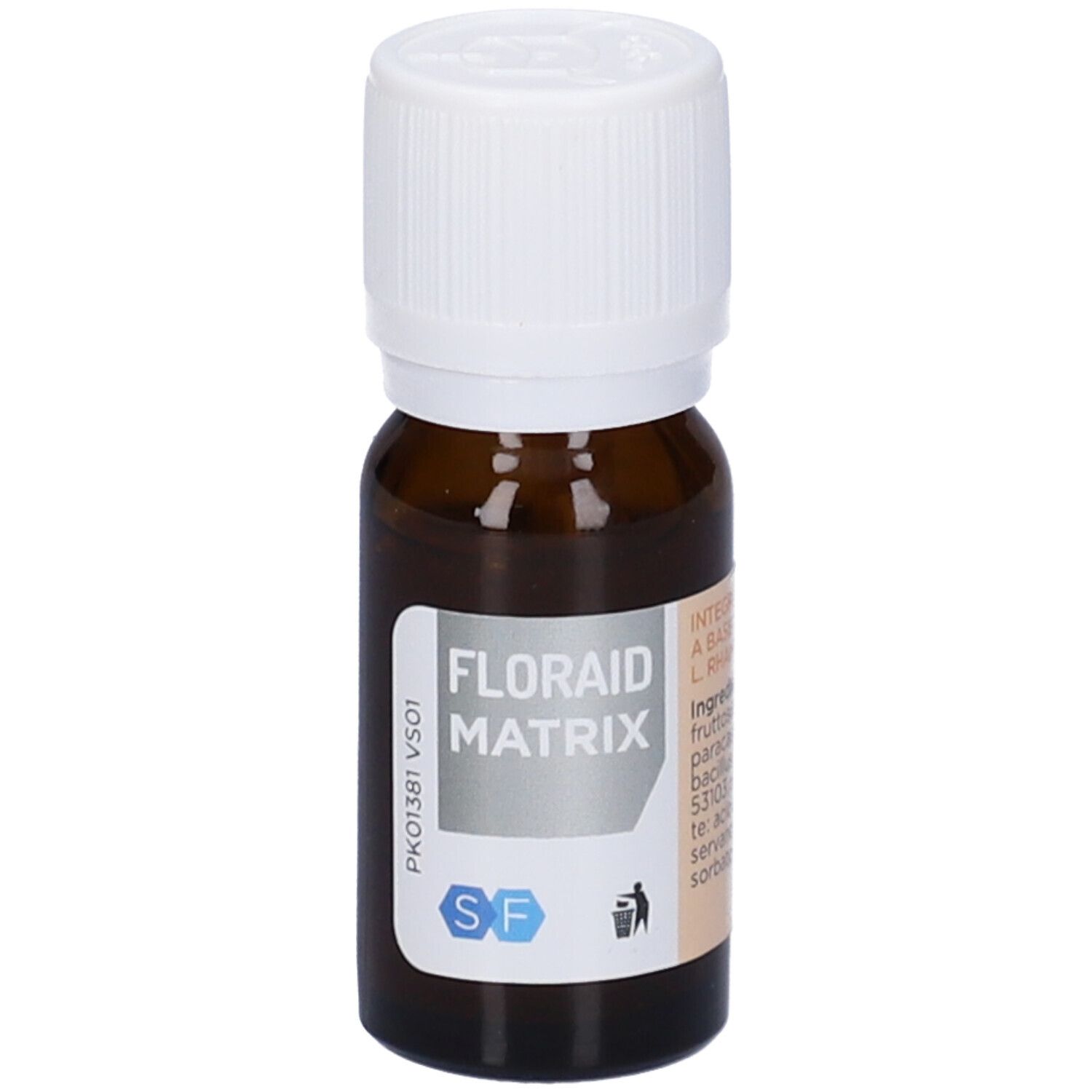 Flacone di vetro marrone con tappo bianco. Etichetta con nome del prodotto e logo. Scritta: FLORAID MATRIX.