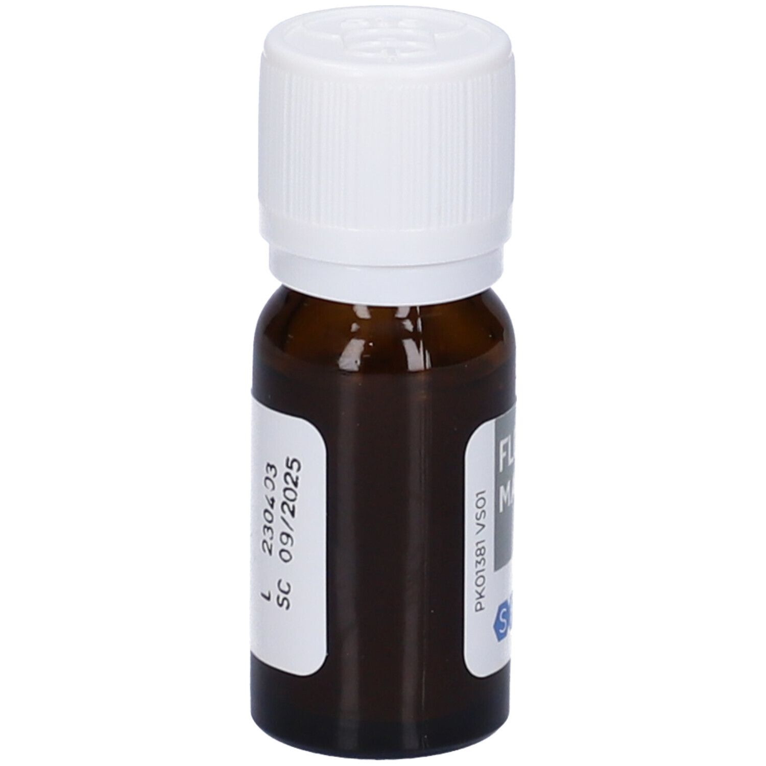 Flacone di vetro marrone con tappo bianco. Etichetta con numero di lotto e data di scadenza. Scritta: SC 09/2025.