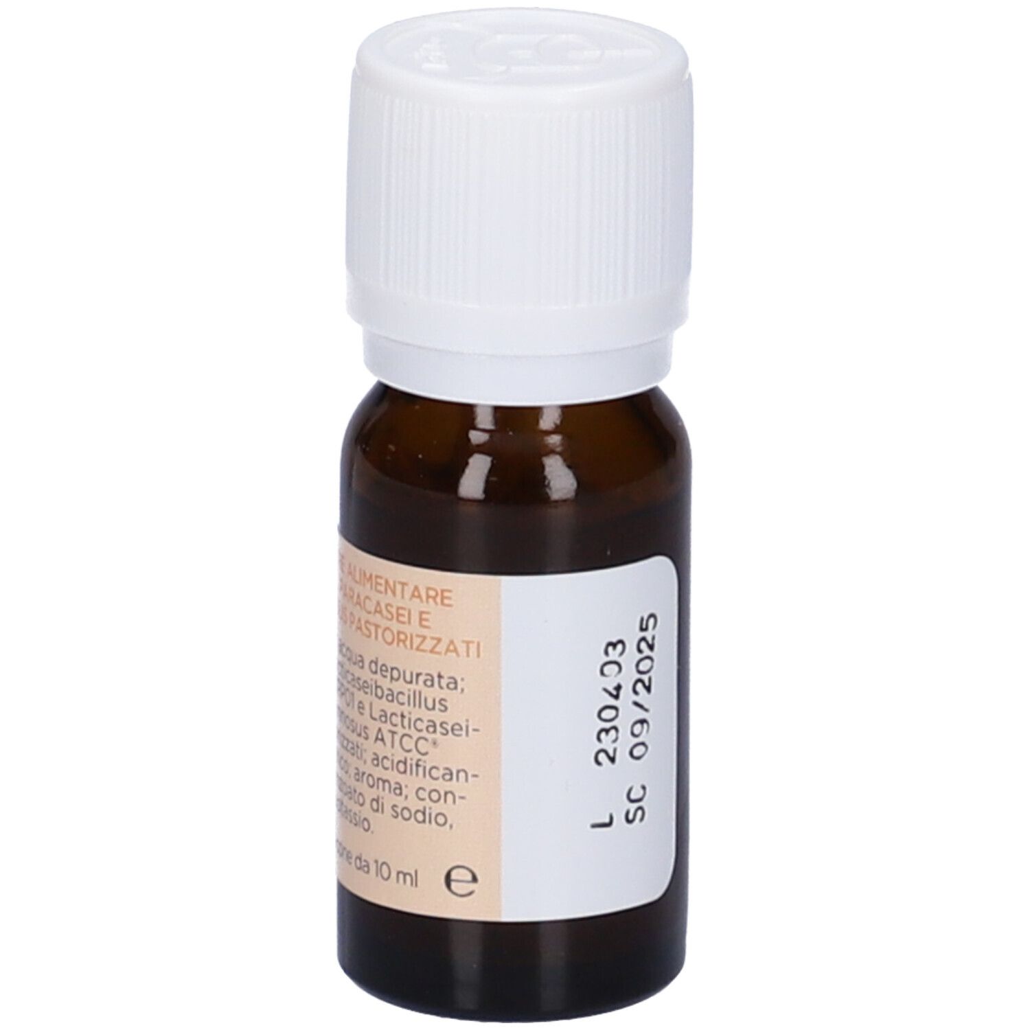 Flacone di vetro marrone con tappo bianco. Etichetta con ingredienti e data di scadenza. Scritta: 09/2025.