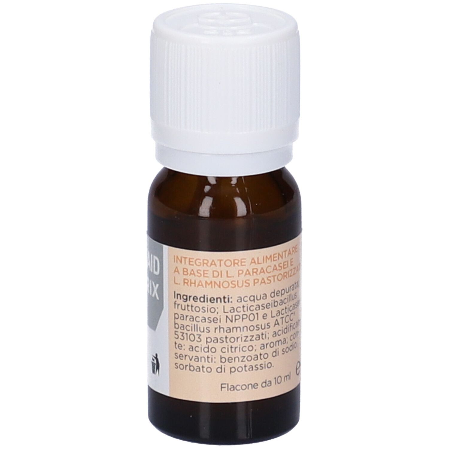 Flacone di vetro marrone con tappo bianco. Etichetta con ingredienti. Scritta: INTEGRATORE ALIMENTARE.