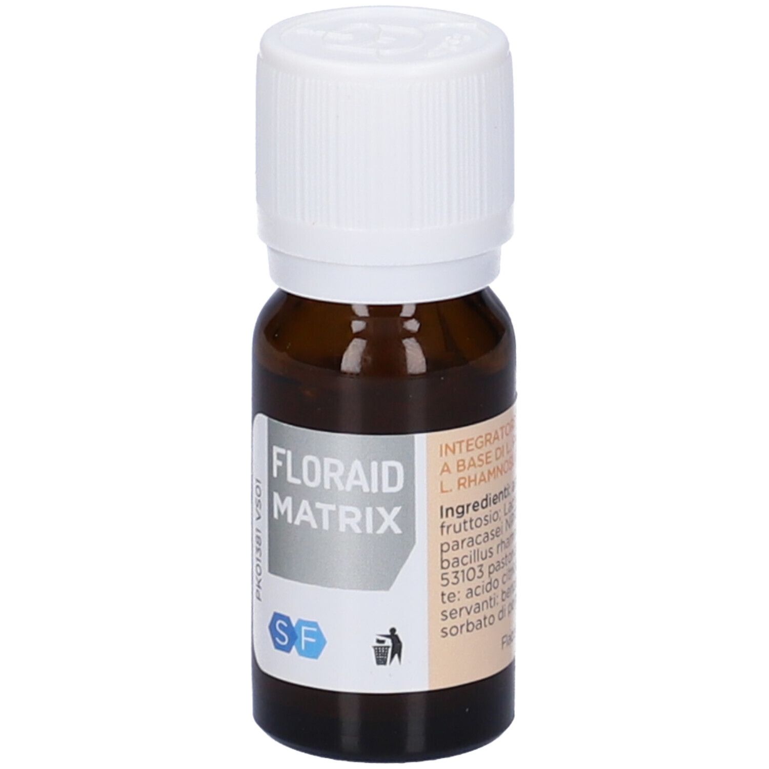 Flacone di vetro marrone con tappo bianco. Etichetta con nome del prodotto e logo. Scritta: FLORAID MATRIX.