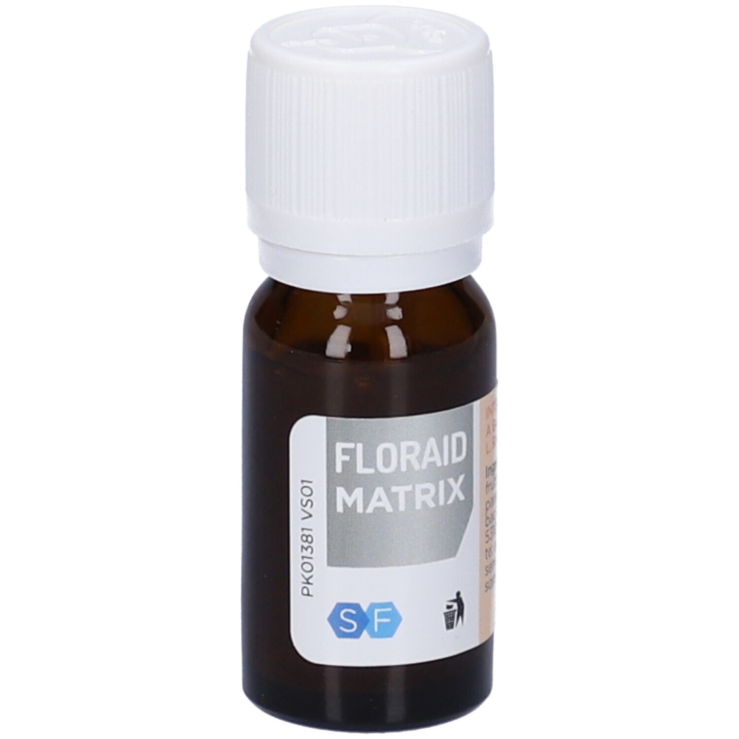 Flacone di vetro marrone con tappo bianco. Etichetta con nome del prodotto e logo. Scritta: FLORAID MATRIX.