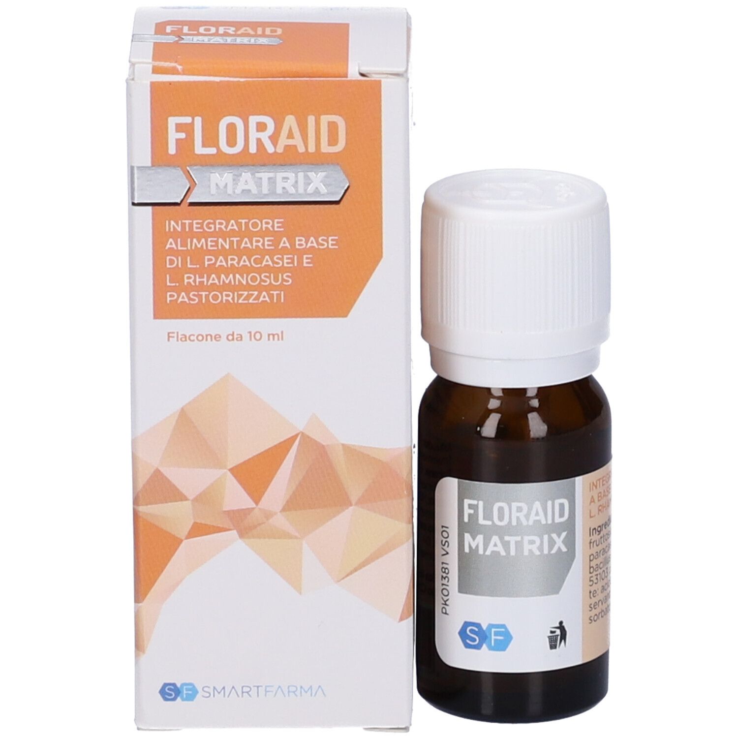 Confezione del prodotto e flacone. Confezione con nome del prodotto. Flacone con tappo bianco ed etichetta.