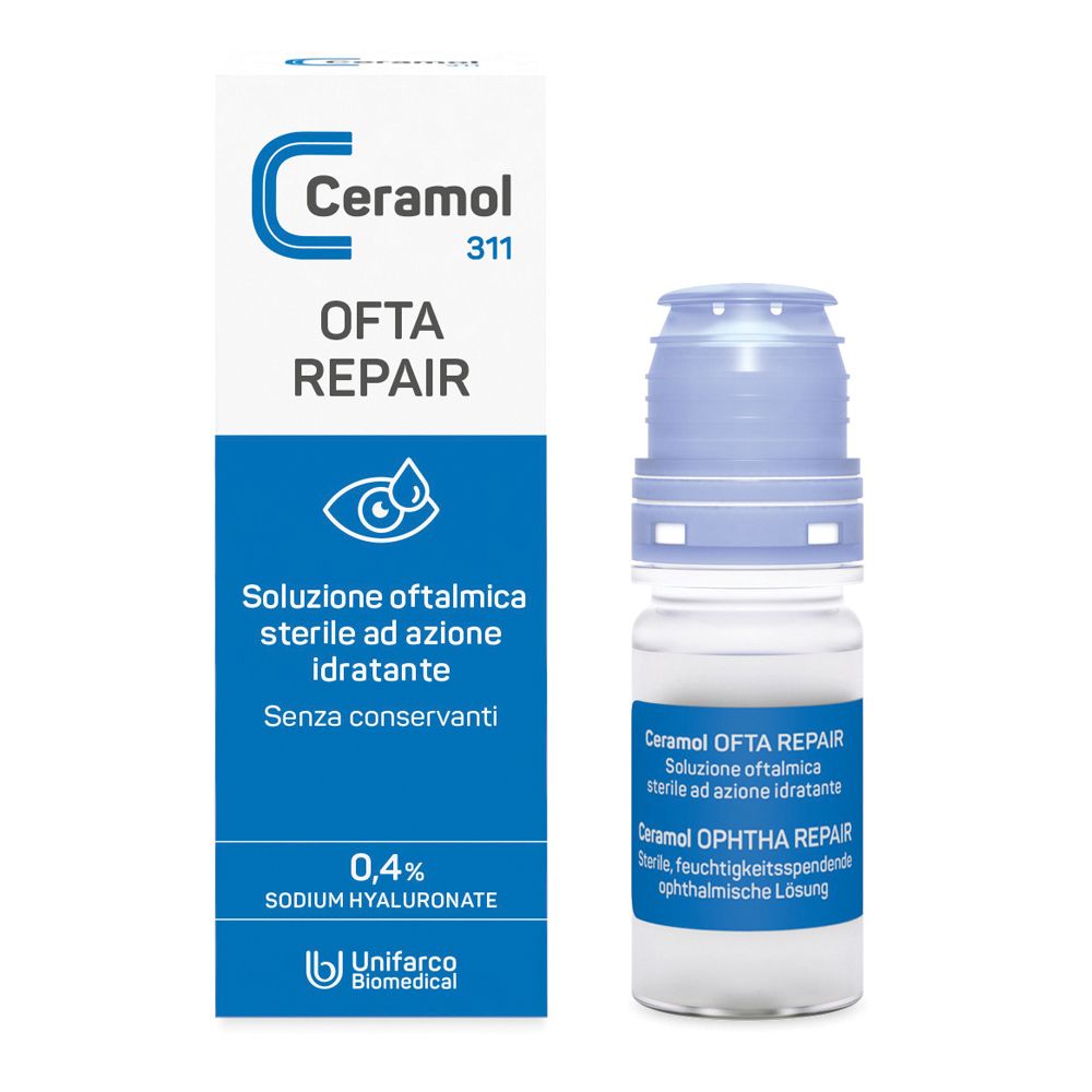 Scatola Ceramol Ofta Repair. Confezione blu e bianca. Nome del prodotto e dettagli stampati. Flacone accanto.