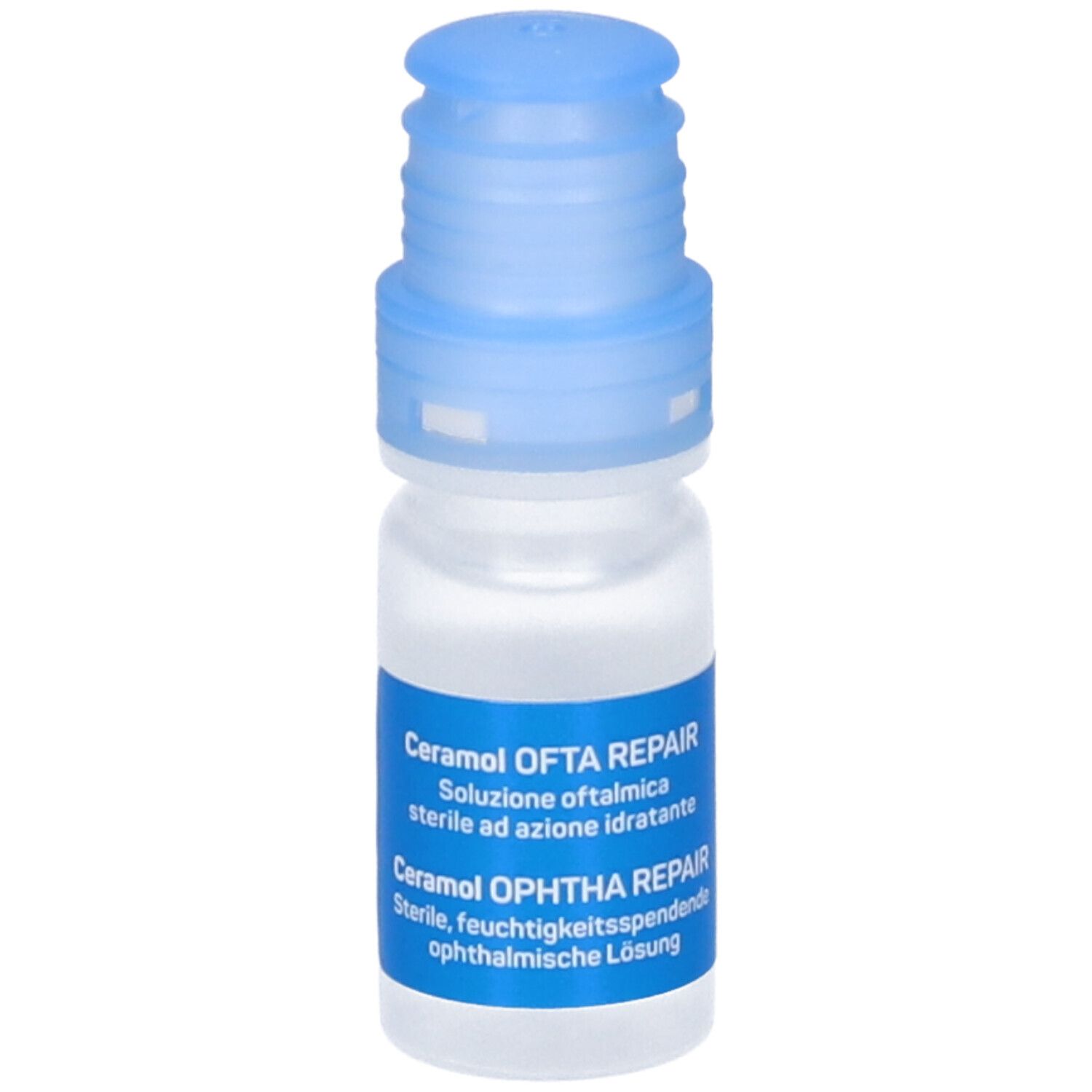 Piccolo flacone trasparente con tappo blu. Adesivo con nome e dettagli del prodotto. Ceramol Ofta Repair.