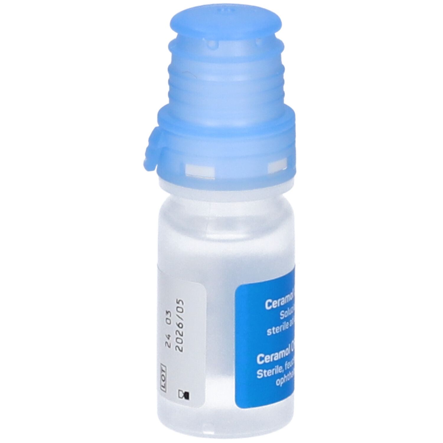 Piccolo flacone trasparente con tappo blu. Adesivo con nome e dettagli del prodotto. Ceramol Ofta Repair.