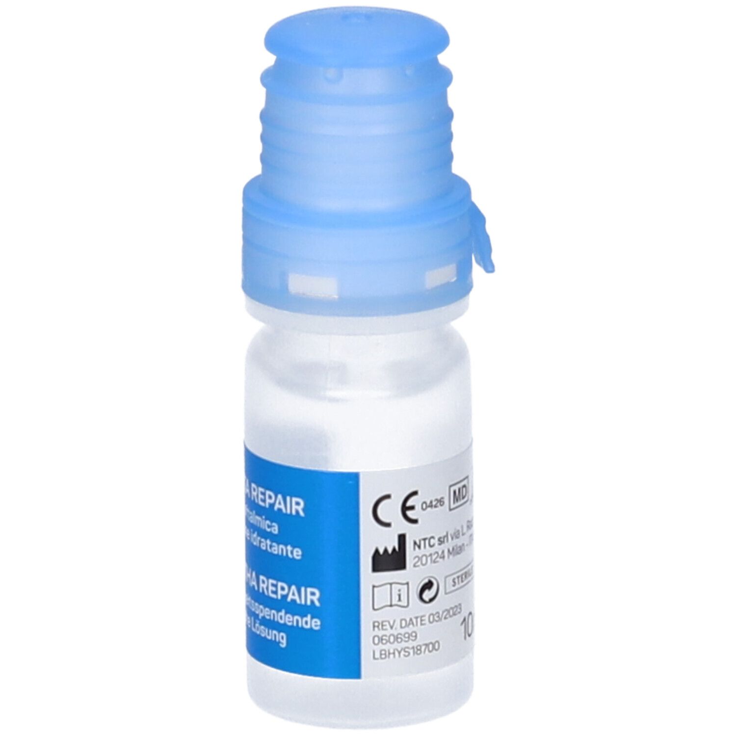 Piccolo flacone trasparente con tappo blu. Adesivo con nome e dettagli del prodotto. Ceramol Ofta Repair.