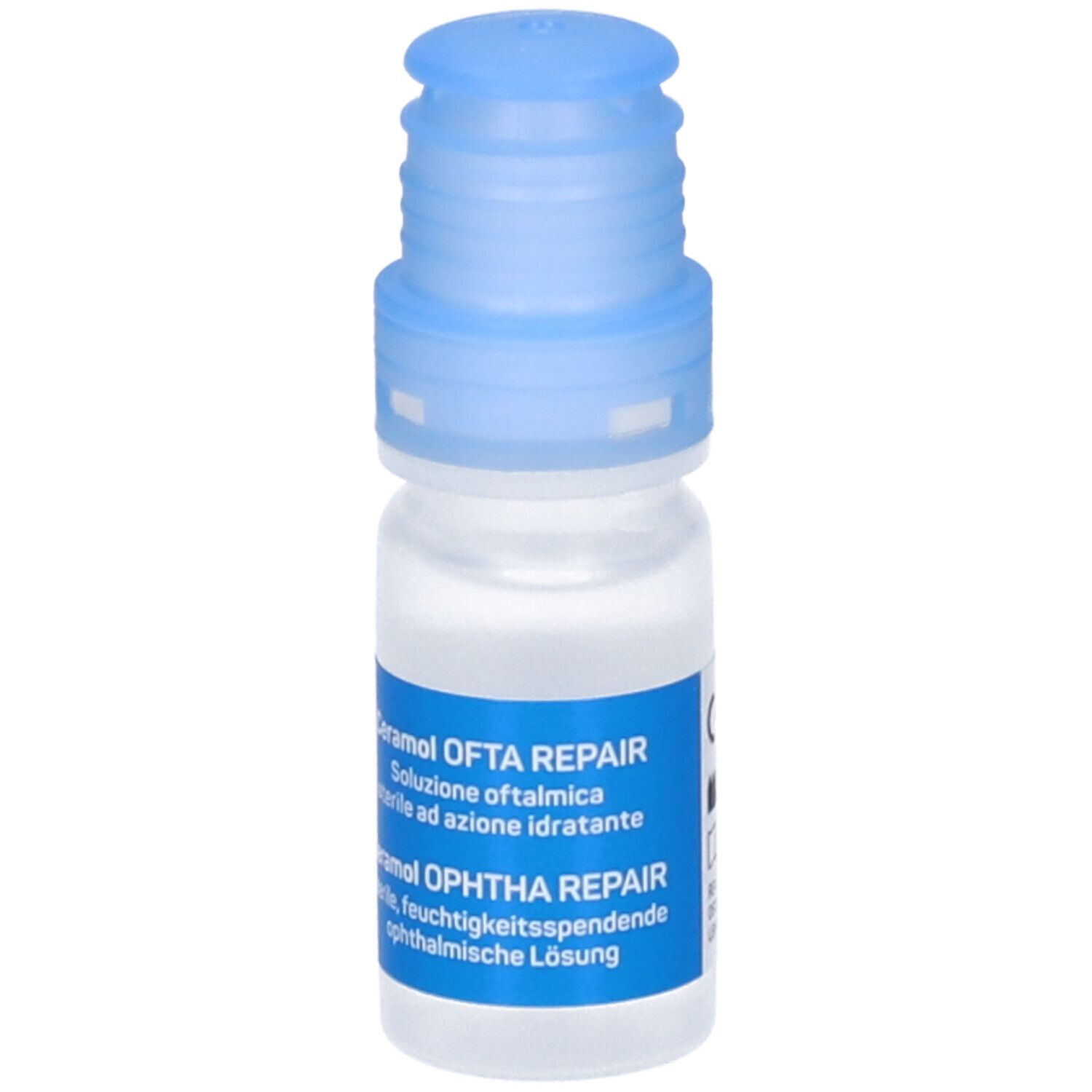 Piccolo flacone trasparente con tappo blu. Adesivo con nome e dettagli del prodotto. Ceramol Ofta Repair.
