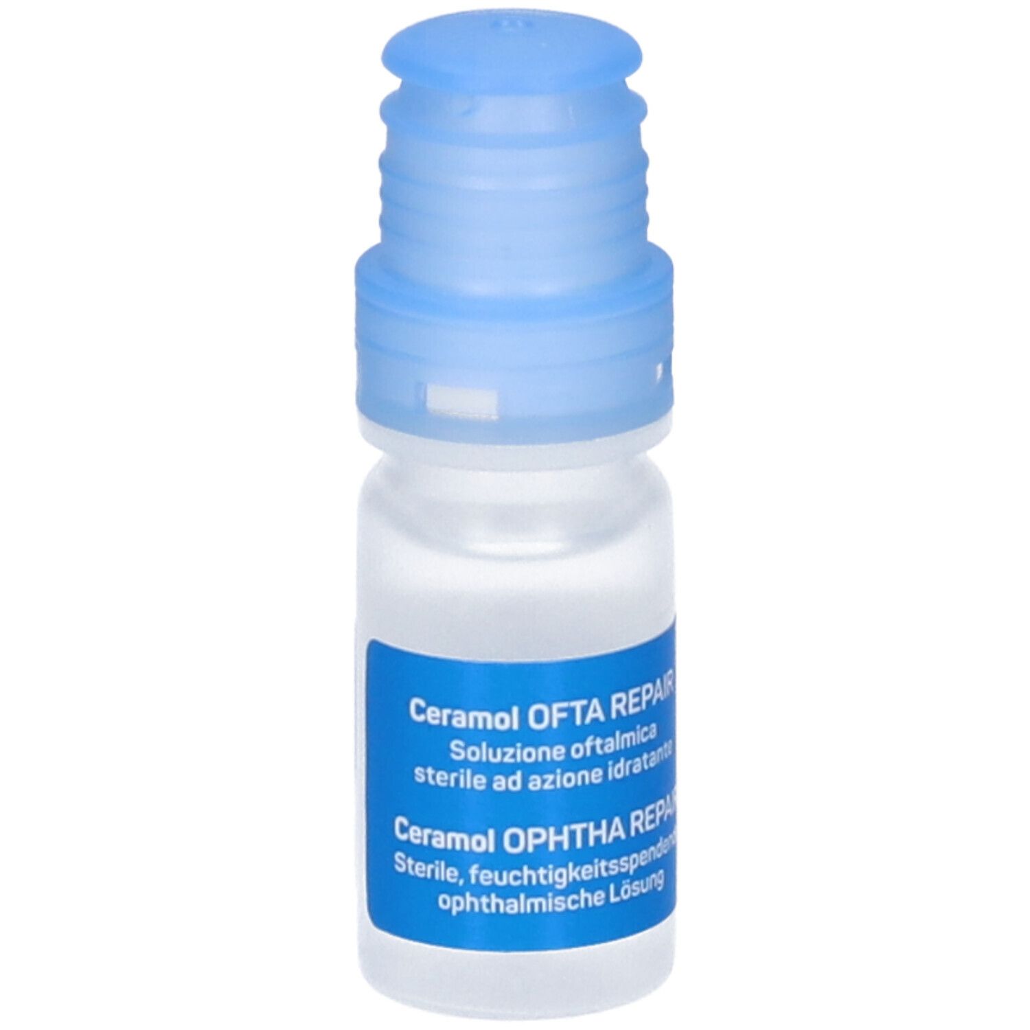 Piccolo flacone trasparente con tappo blu. Adesivo con nome e dettagli del prodotto. Ceramol Ofta Repair.