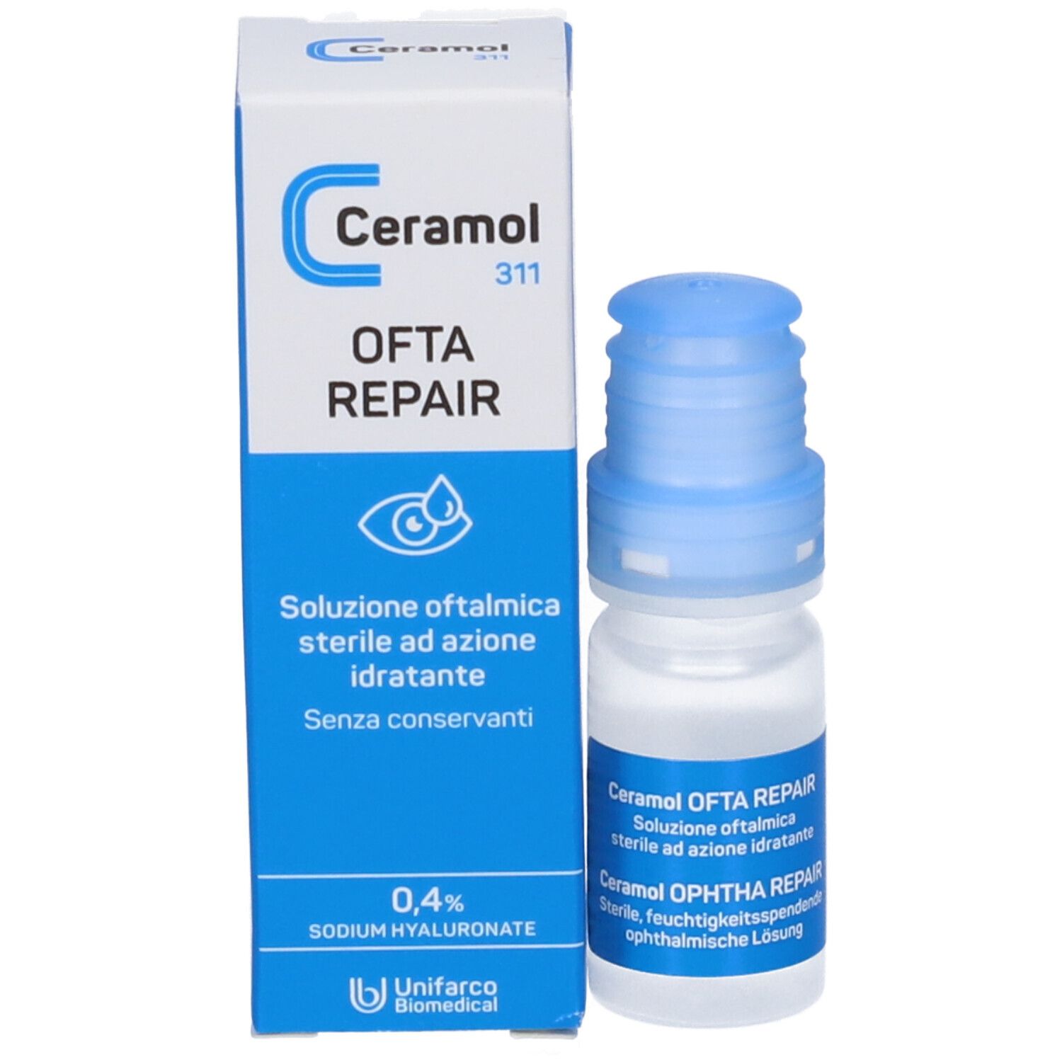 Scatola Ceramol Ofta Repair. Confezione blu e bianca. Nome del prodotto e dettagli stampati.