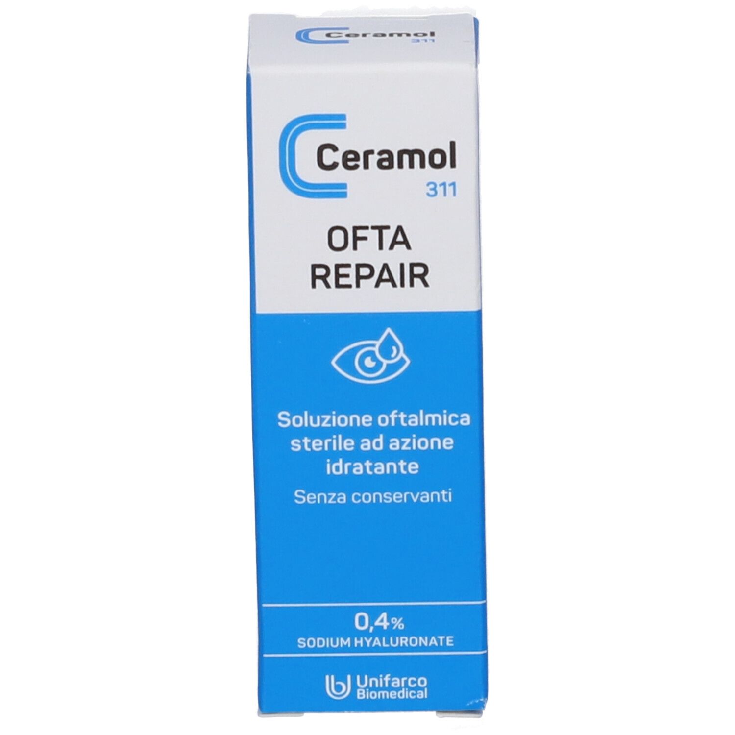 Scatola Ceramol Ofta Repair. Confezione blu e bianca. Nome del prodotto e dettagli stampati.