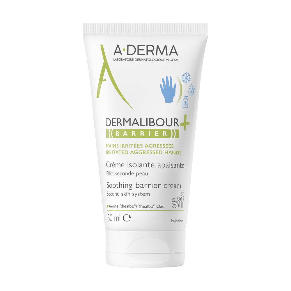 A-Derma Dermalibour Barriera Creme. Weiße Tube mit grüner Schrift und Hand-Symbol. 50 ml.
