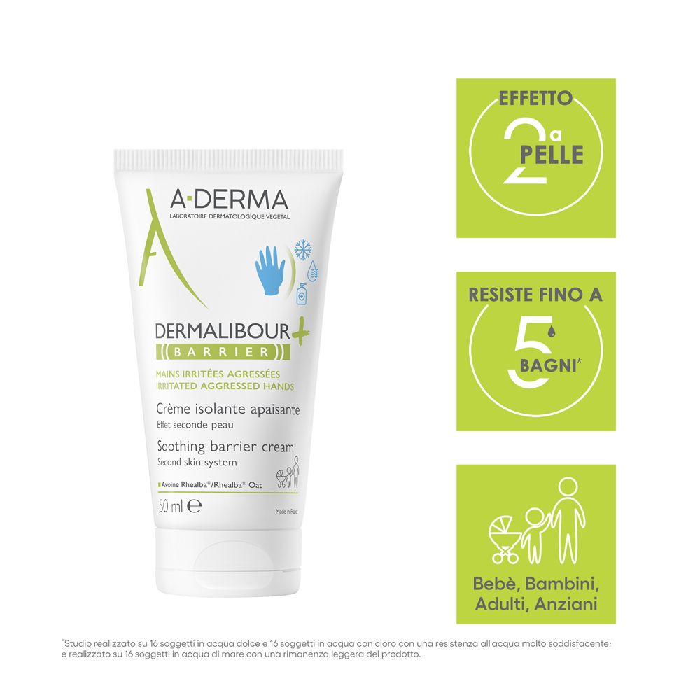 A-Derma Dermalibour Barriera Creme. Text: 2. Haut-Effekt, widersteht bis zu 5 Bädern, für Babys, Kinder, Erwachsene.