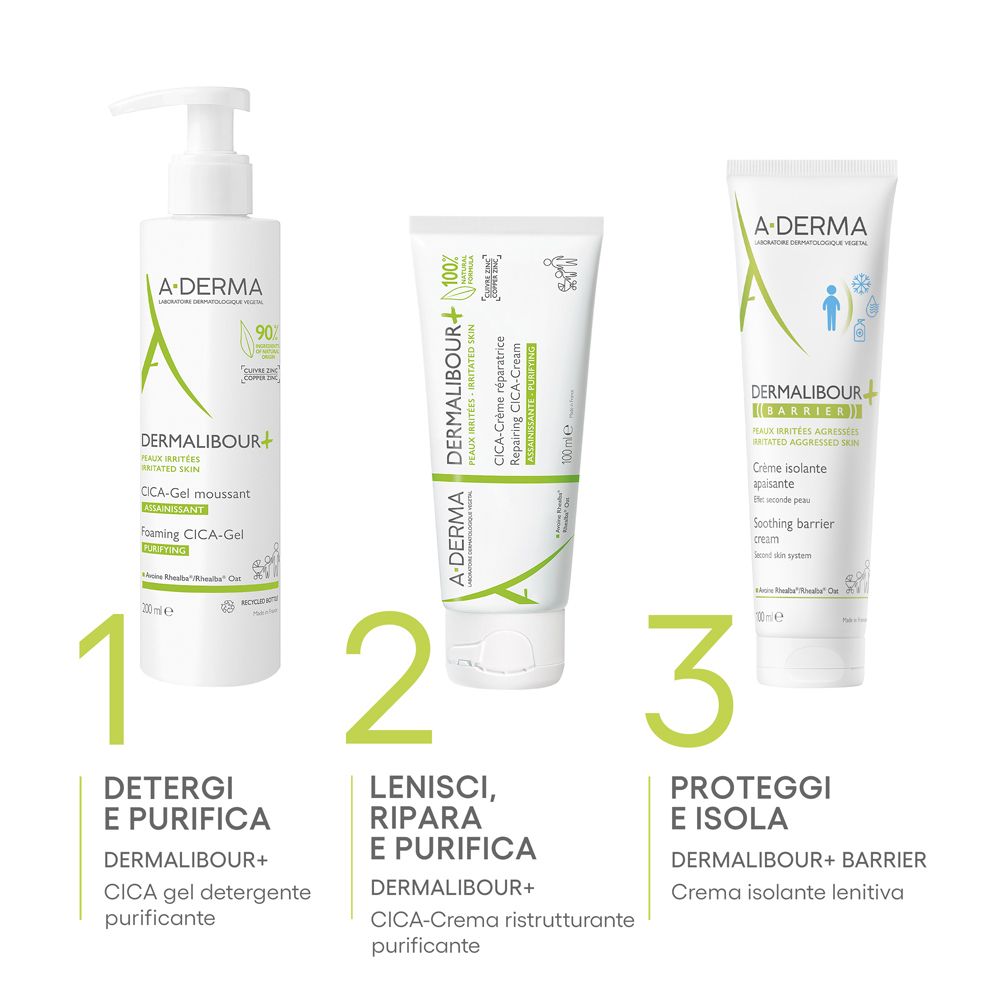 A-Derma Produkte. 3 Produkte: Reinigungs-Gel, Cica-Creme, Barriera Creme. Anwendungsschritte.