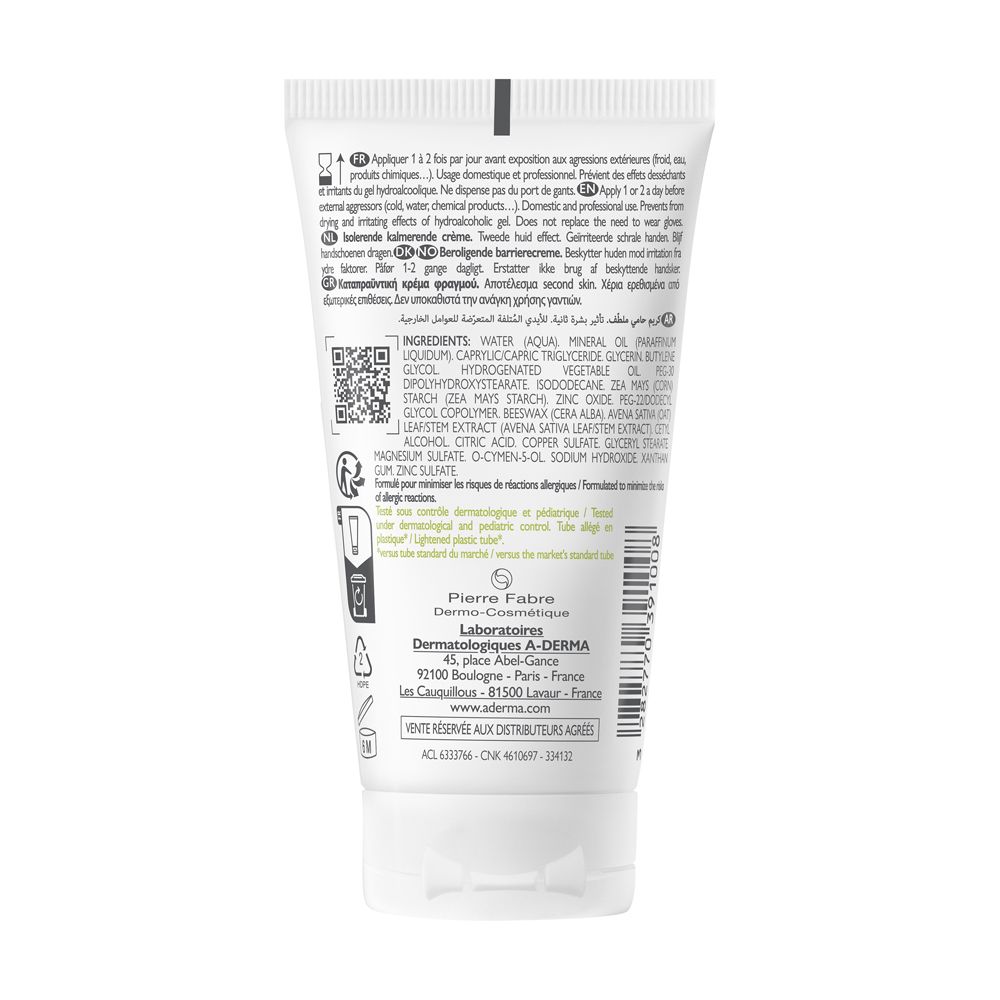 A-Derma Dermalibour Barriera Creme. Rückseite der Tube. Text: Inhaltsstoffe, Anwendungshinweise, Herstelleradresse.