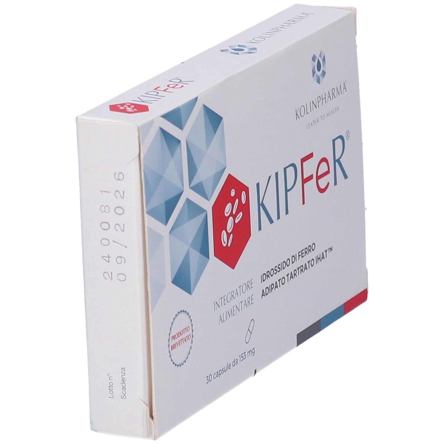 Weiße Schachtel, schräg von der Seite. Aufschrift: KIPFeR, 30 Kapseln. Marke: Kolinpharma. Verfallsdatum 09/2026.