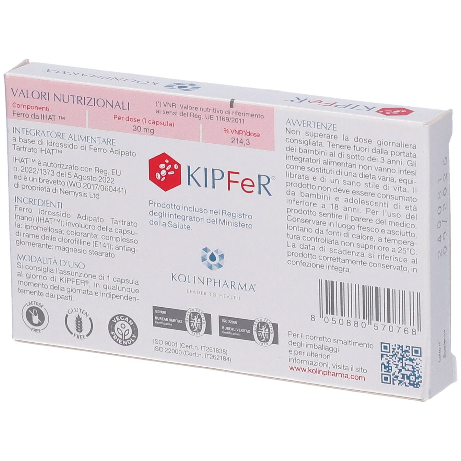 Rückseite der weißen Schachtel. Aufschrift: KIPFeR, Inhaltsstoffe, Gebrauchsanweisung, Warnhinweise. Marke: Kolinpharma.