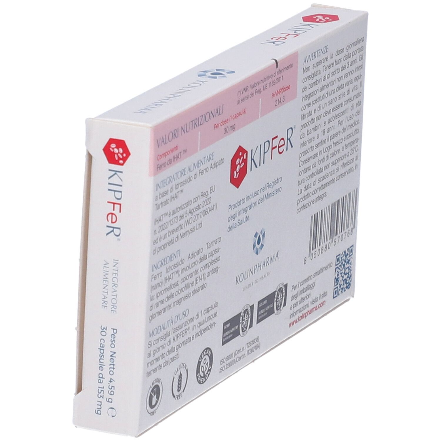 Schräge Ansicht der Rückseite der weißen Schachtel. Aufschrift: KIPFeR, Inhaltsstoffe, Gebrauchsanweisung. Marke: Kolinpharma.