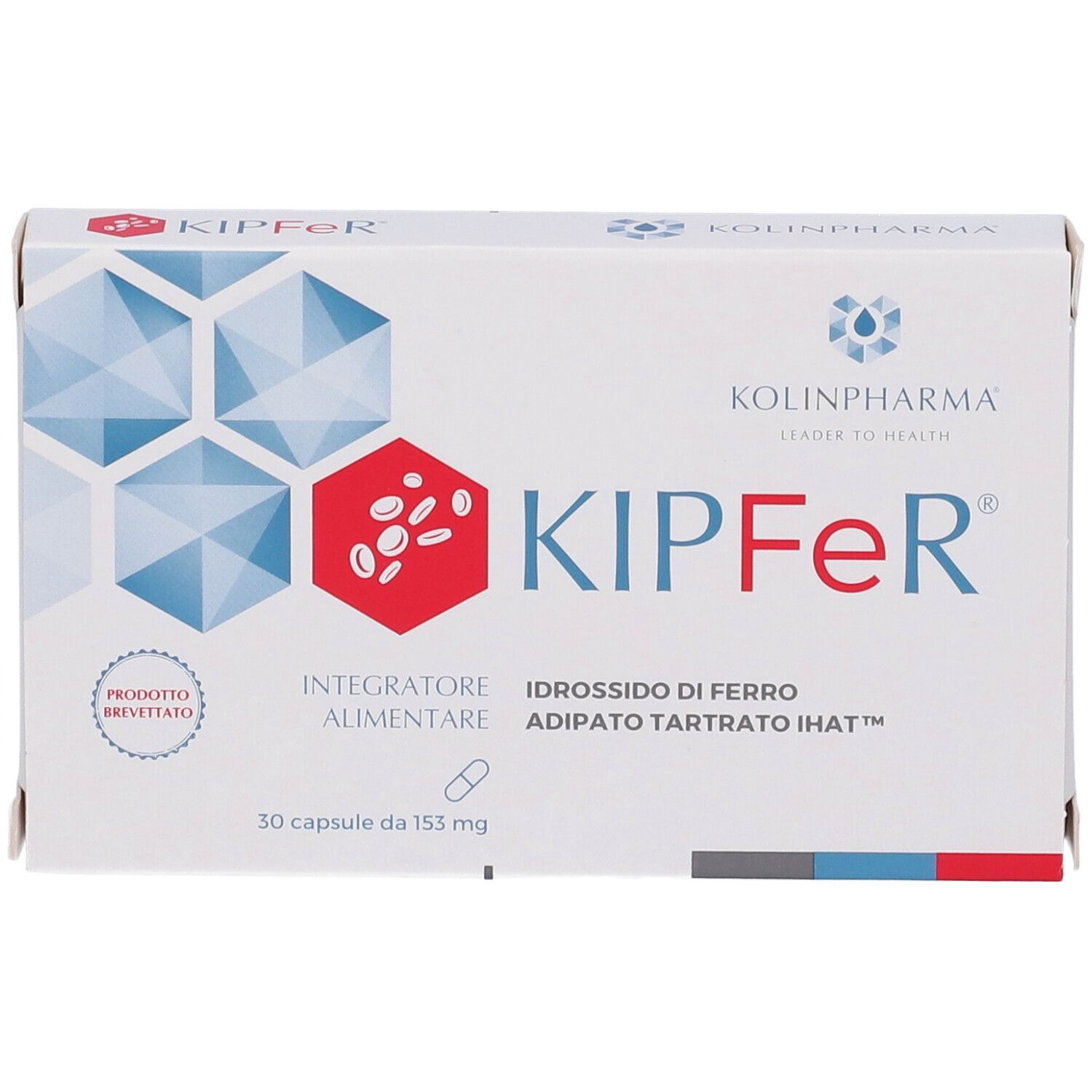 Weiße Schachtel mit rotem und blauem Design. Aufschrift: KIPFeR, 30 Kapseln. Marke: Kolinpharma. Produktabbildung.