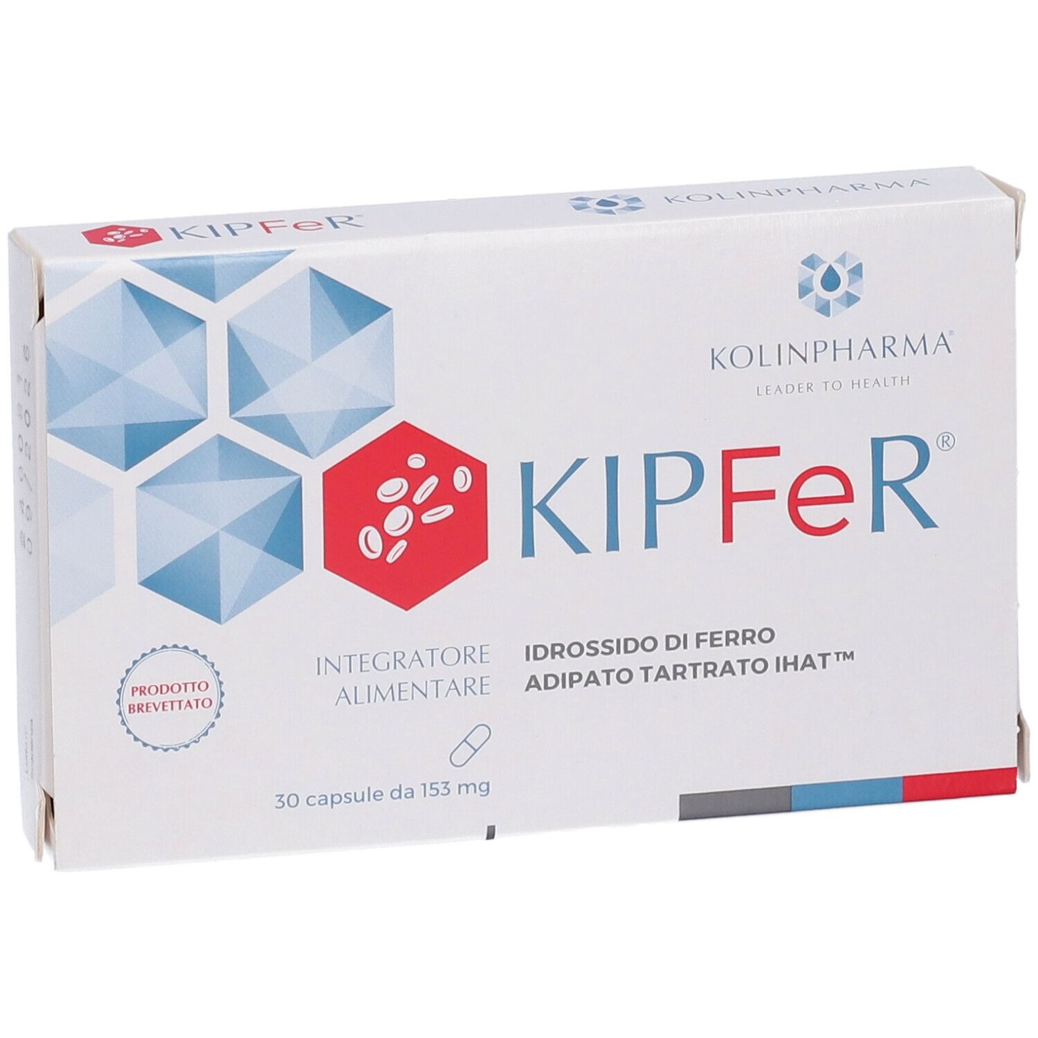 Weiße Schachtel mit rotem und blauem Design. Aufschrift: KIPFeR, 30 Kapseln. Marke: Kolinpharma. Produktabbildung.