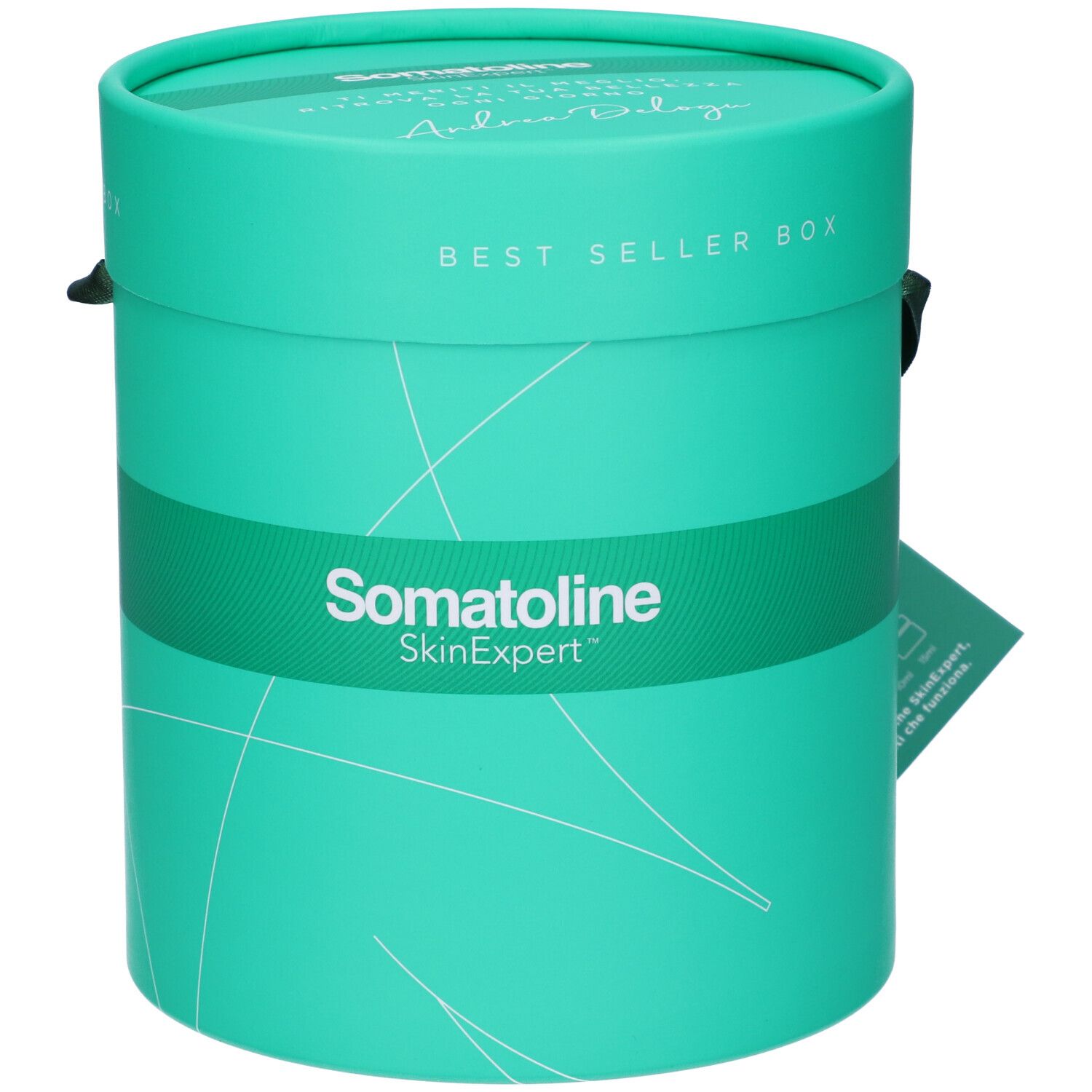 Scatola cilindrica turchese con Somatoline SkinExpert. Scritta BEST SELLER BOX. Motivo bianco e nastro nero.